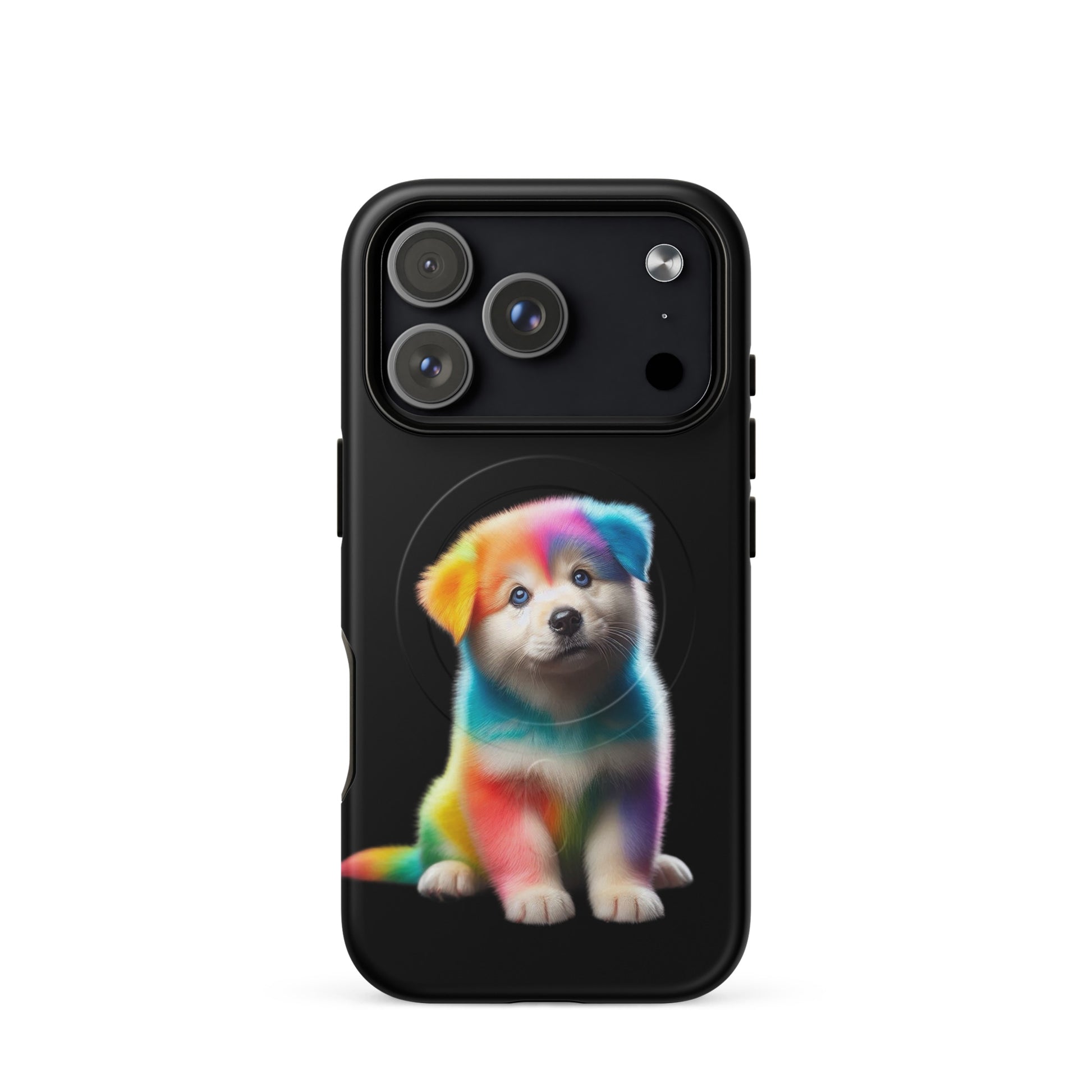Magnetic Phone Case featuring a vibrant rainbow puppy design on a sleek black background.