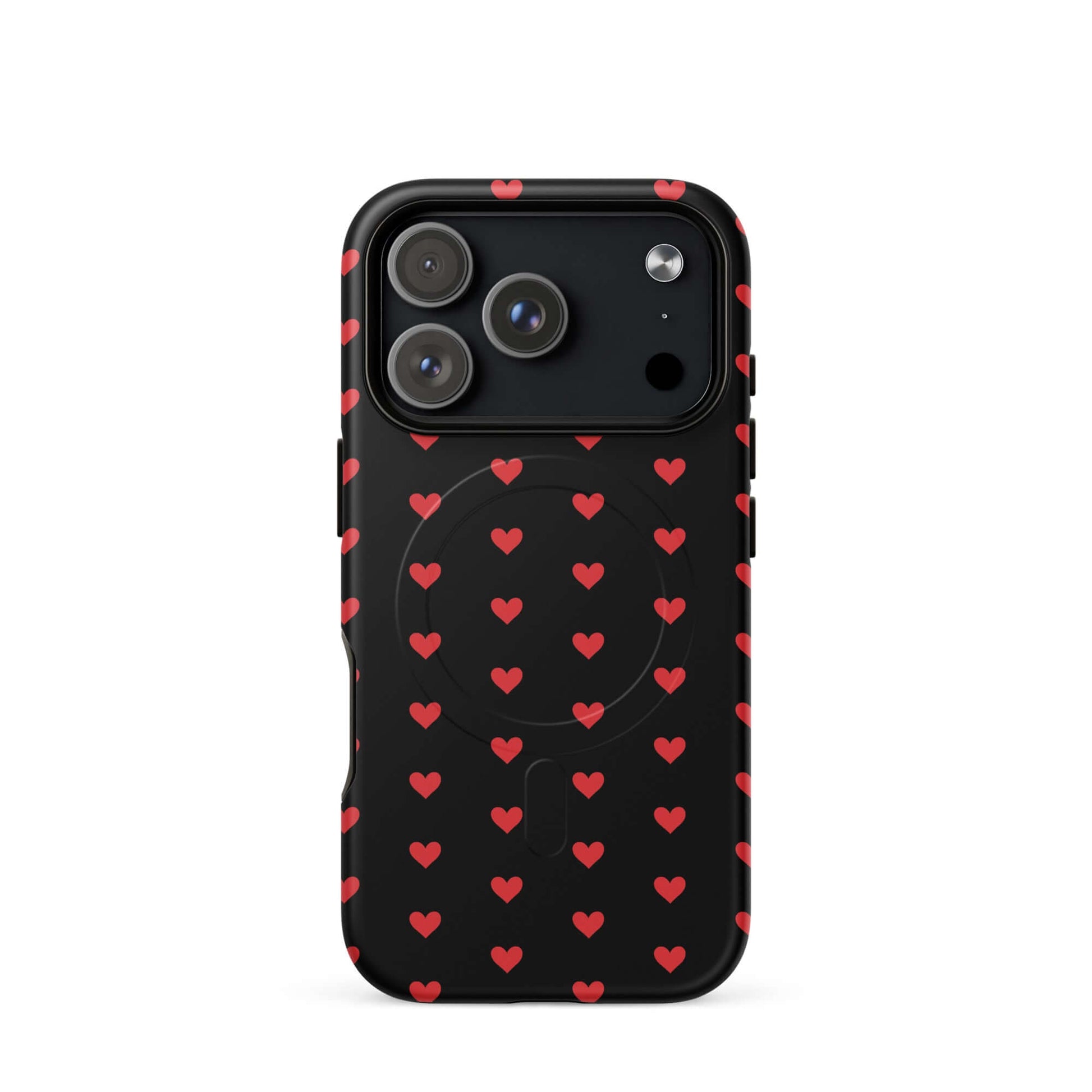 Magnetic Phone Case featuring a pattern of fiery red hearts on a black background for iPhone.