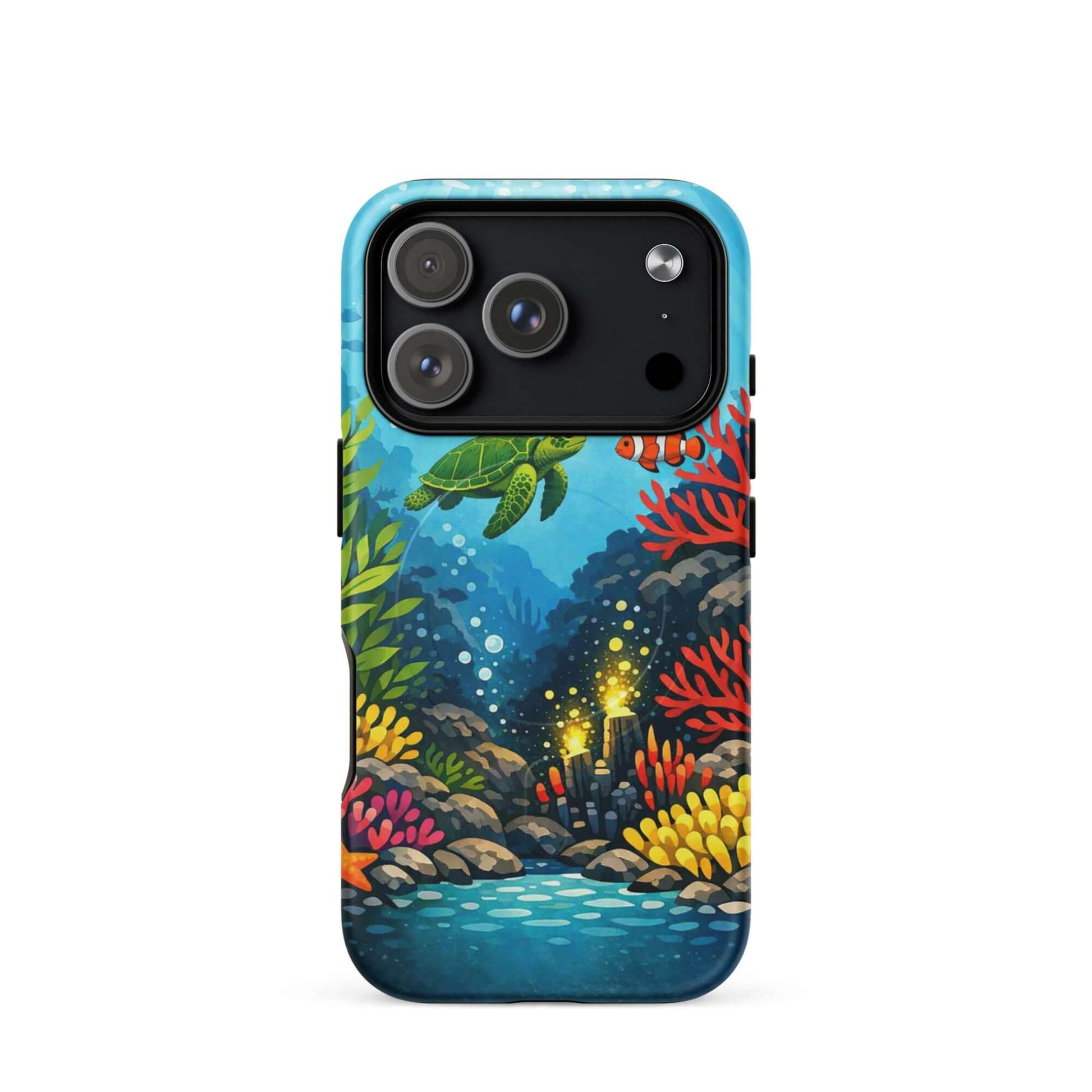 Magnetic Phone Case featuring a vibrant sea turtle and coral reef design, perfect for marine life lovers.