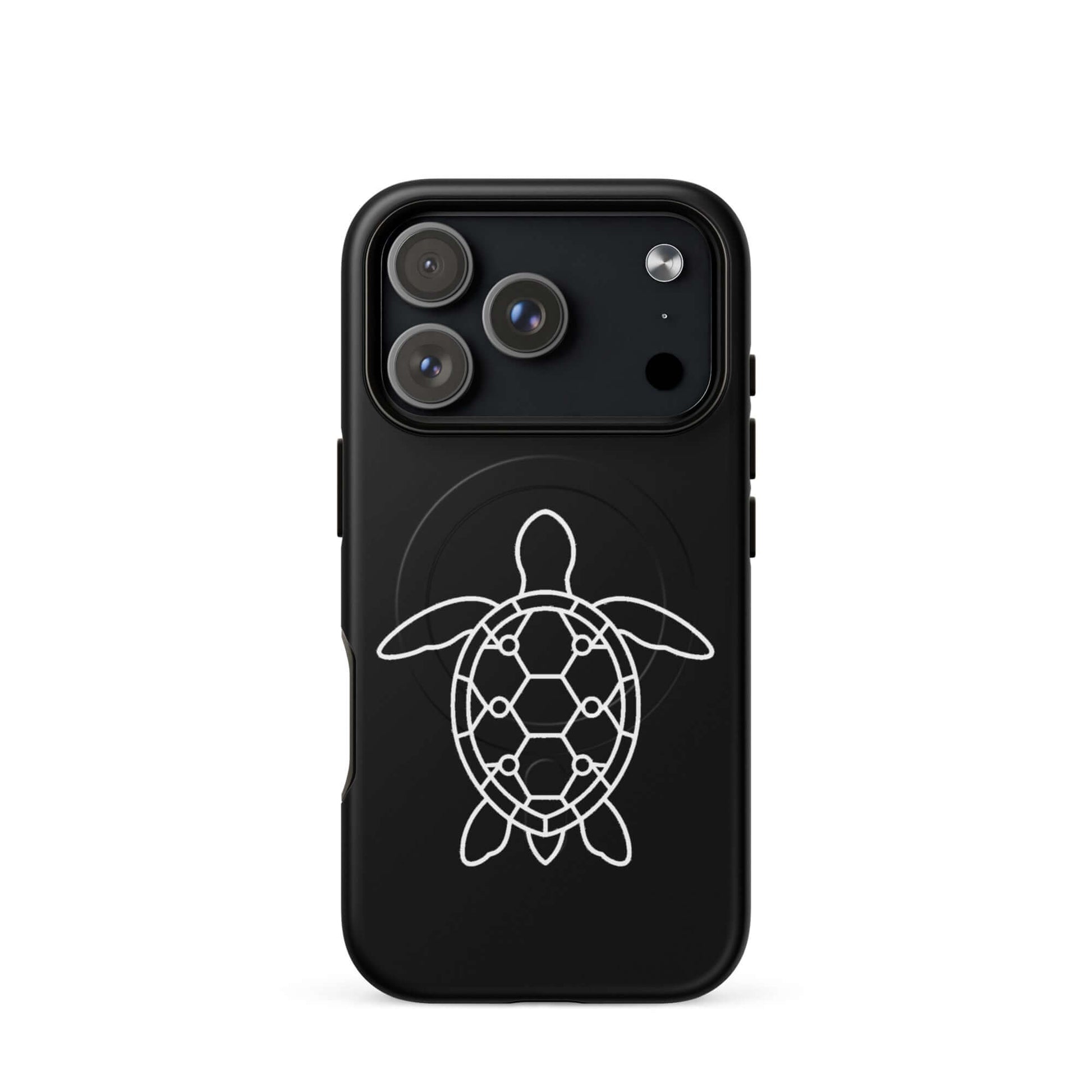 Magnetic Phone Case featuring a minimalist sea turtle silhouette design on a sleek black background.