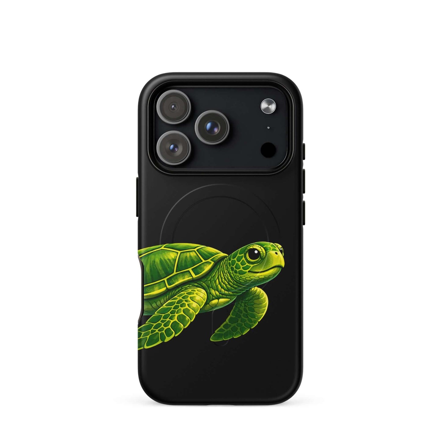 Magnetic Phone Case featuring a vibrant sea turtle design on a black background for iPhone protection and style.