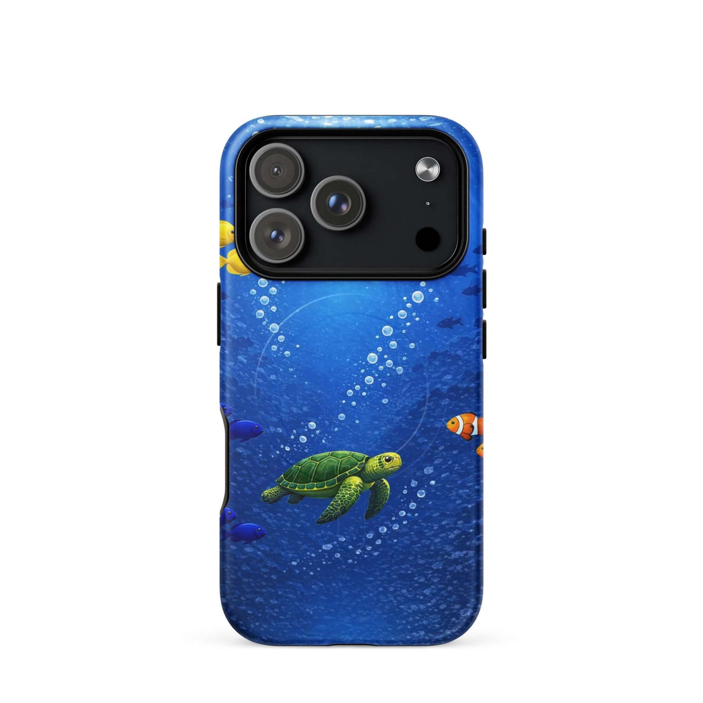 Magnetic Phone Case featuring vibrant sea turtle and colorful fish design in deep blue ocean.