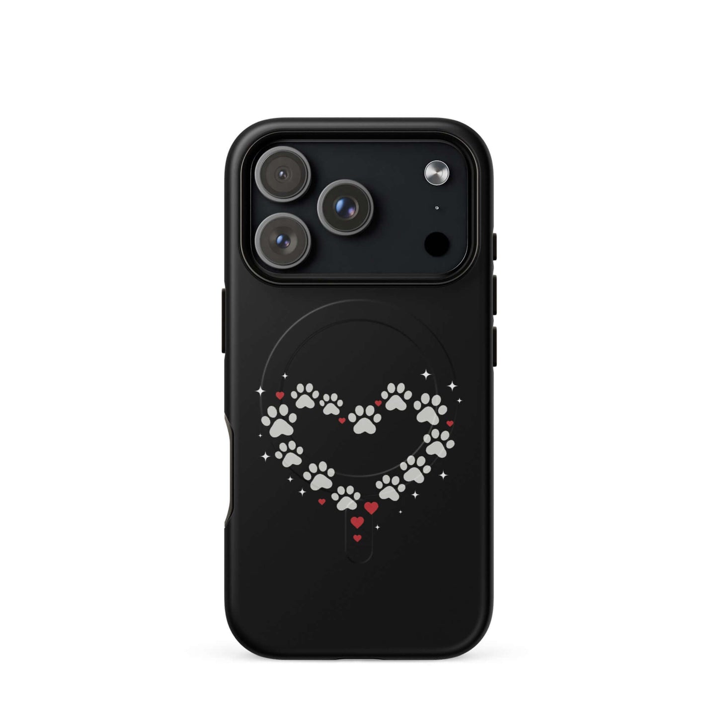 Magnetic Phone Case for iPhone featuring paw-print heart design on a sleek black background.