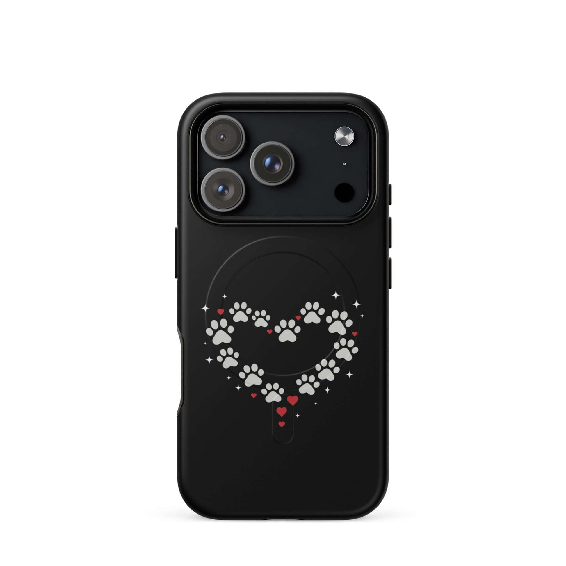 Magnetic Phone Case for iPhone featuring paw-print heart design on a sleek black background.