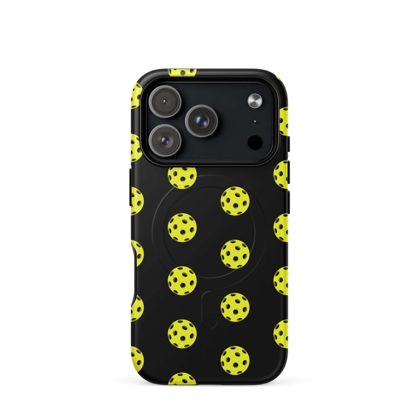 Magnetic Phone Case featuring a bold pickleball pattern on a black background for sporty style.