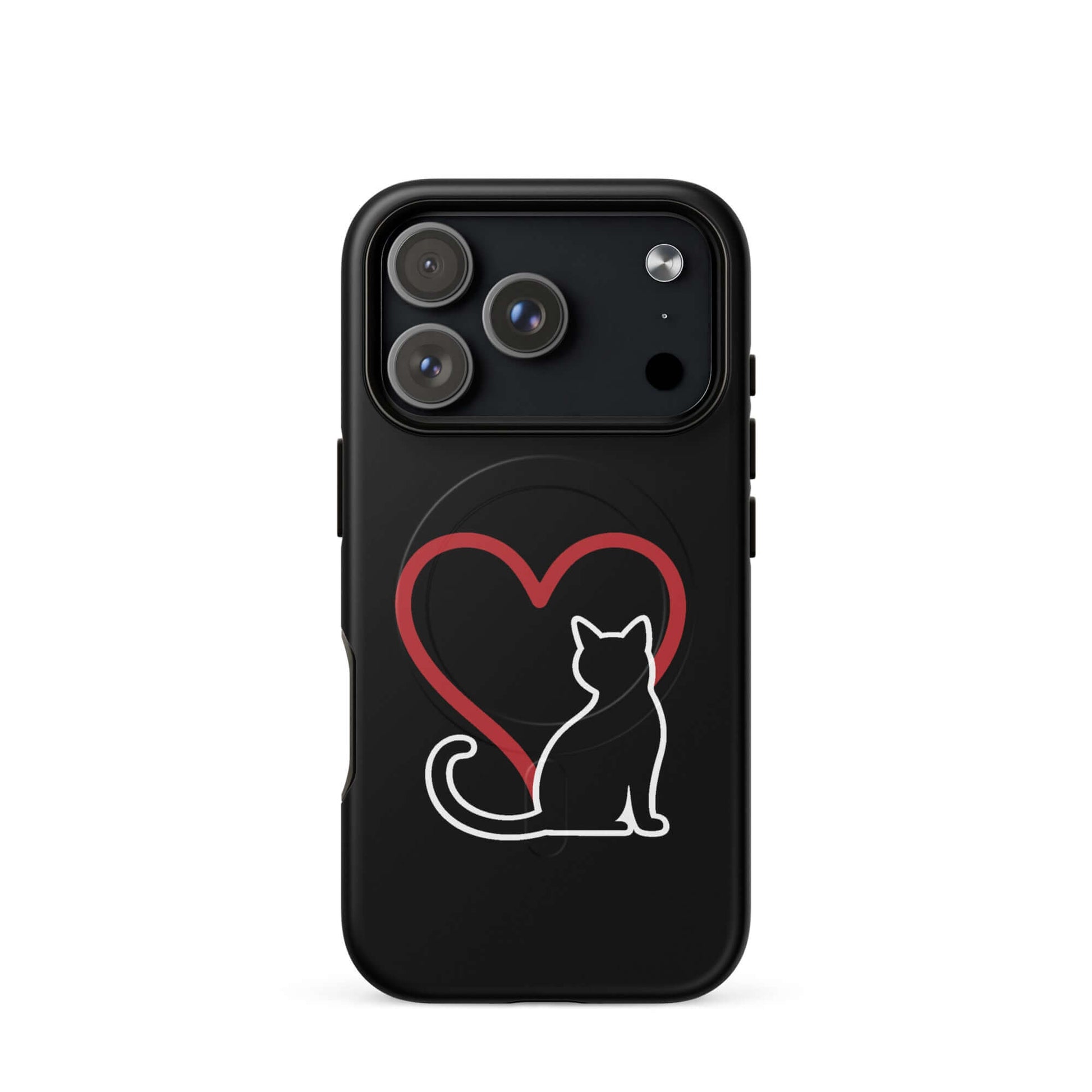 Magnetic Phone Case featuring a minimalist black cat and red heart design for cat lovers