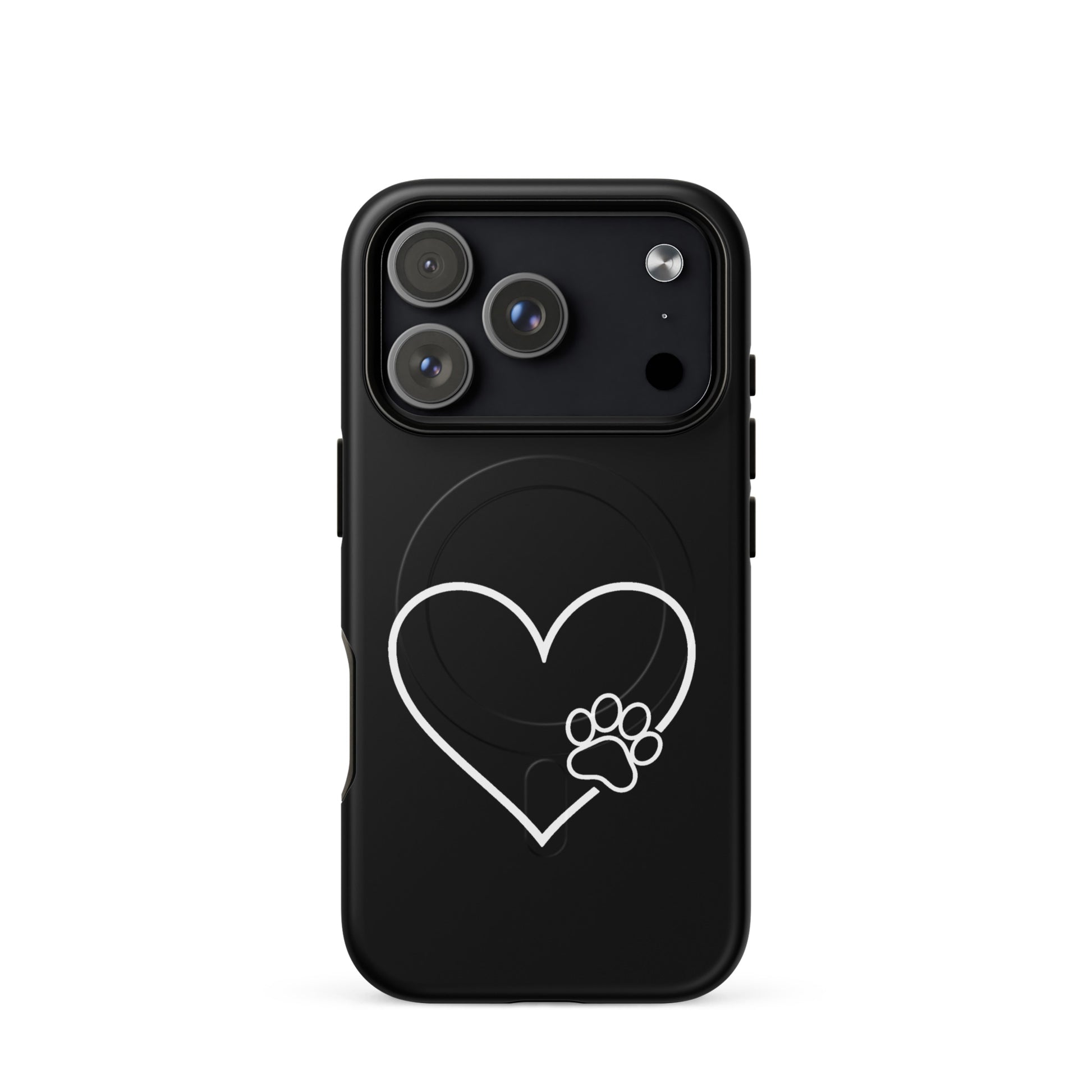 Magnetic Phone Case for iPhone with heart and paw print design, premium protection, black case, pet lover accessory.
