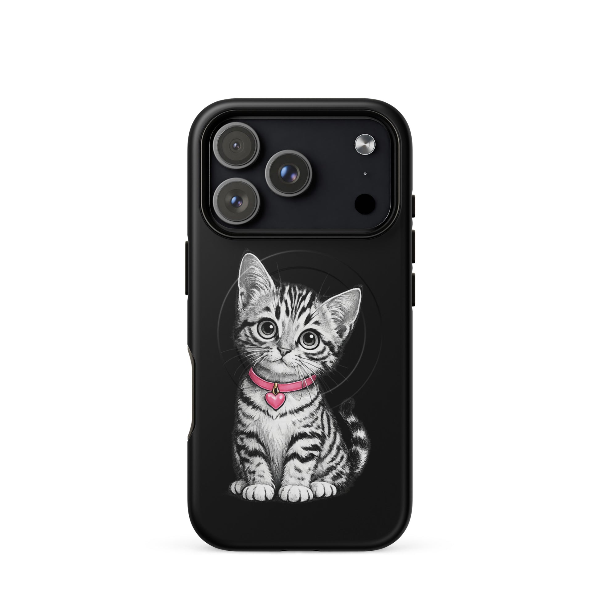 Magnetic Phone Case for iPhone featuring a pencil-sketch kitten with a pink collar and heart charm, black and white design.