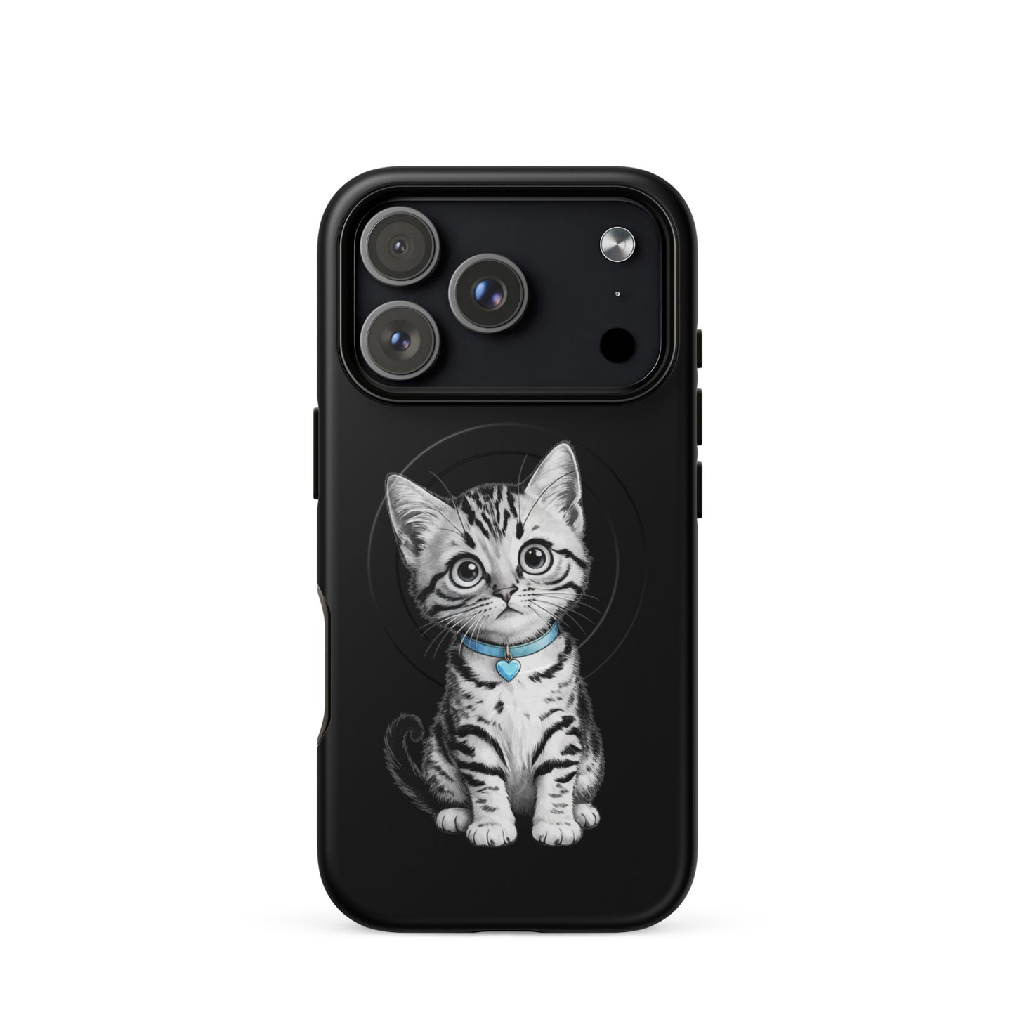 Magnetic Phone Case for iPhone with pencil-sketch kitten design, blue collar, and heart charm in elegant black-and-white detail.