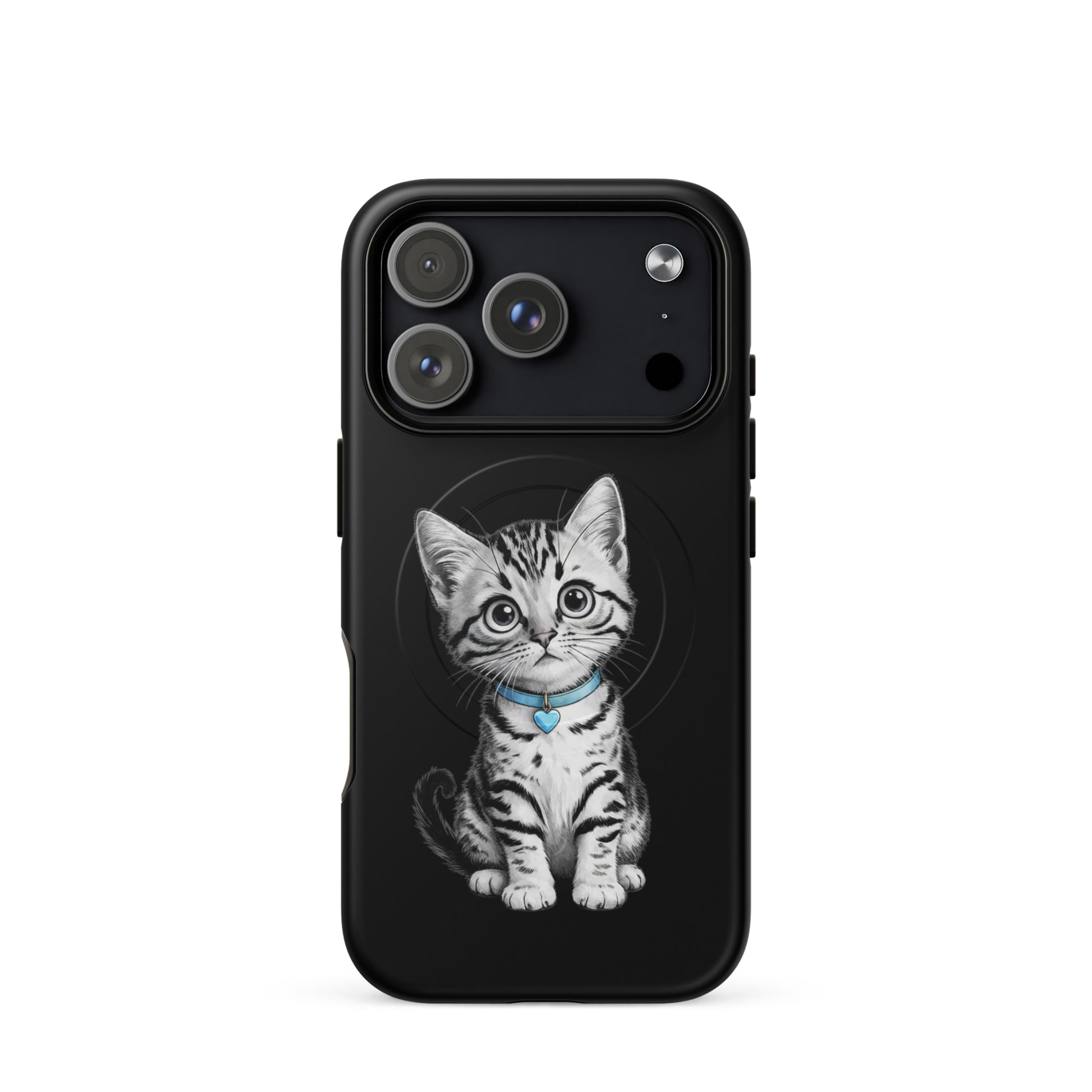 Magnetic Phone Case for iPhone with pencil-sketch kitten design, blue collar, and heart charm in elegant black-and-white detail.