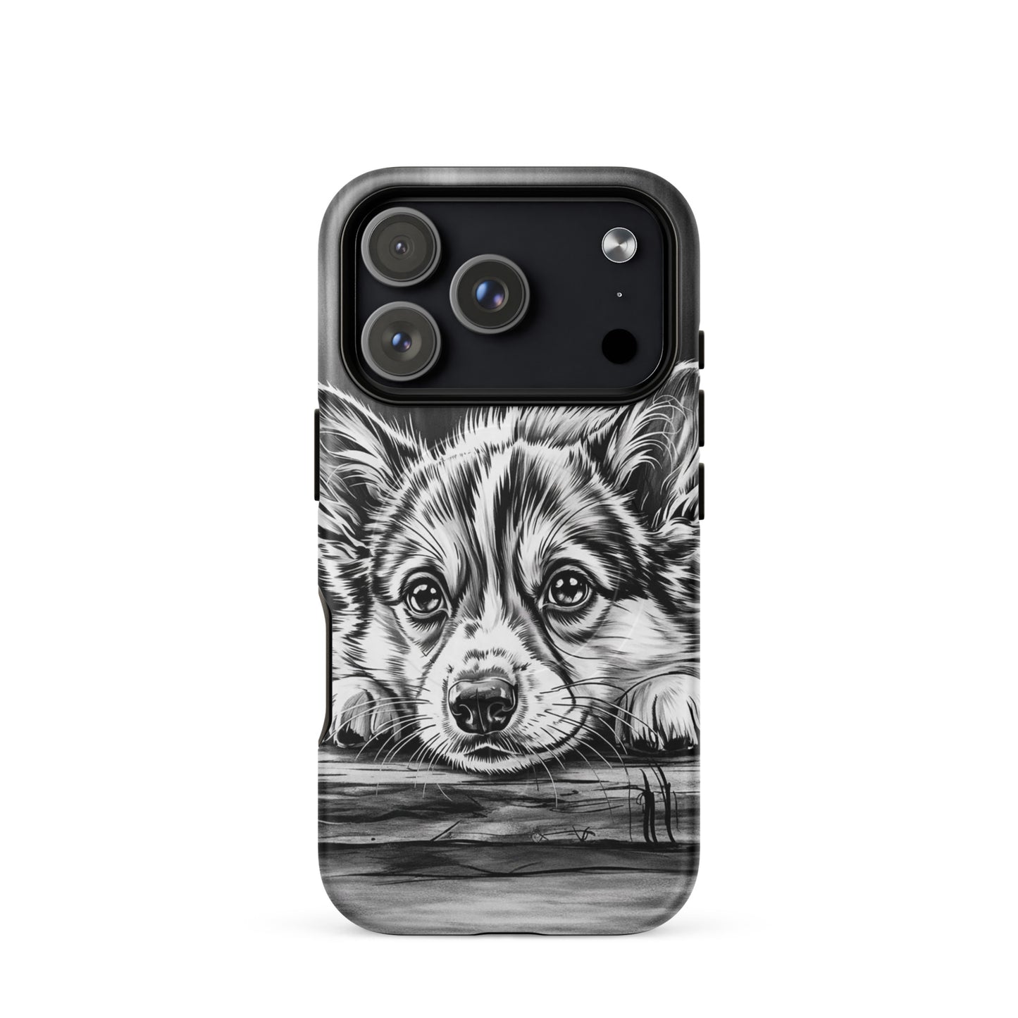 Magnetic Phone Case for iPhone featuring elegant puppy art in black and white on aged wood design, offering premium protection.