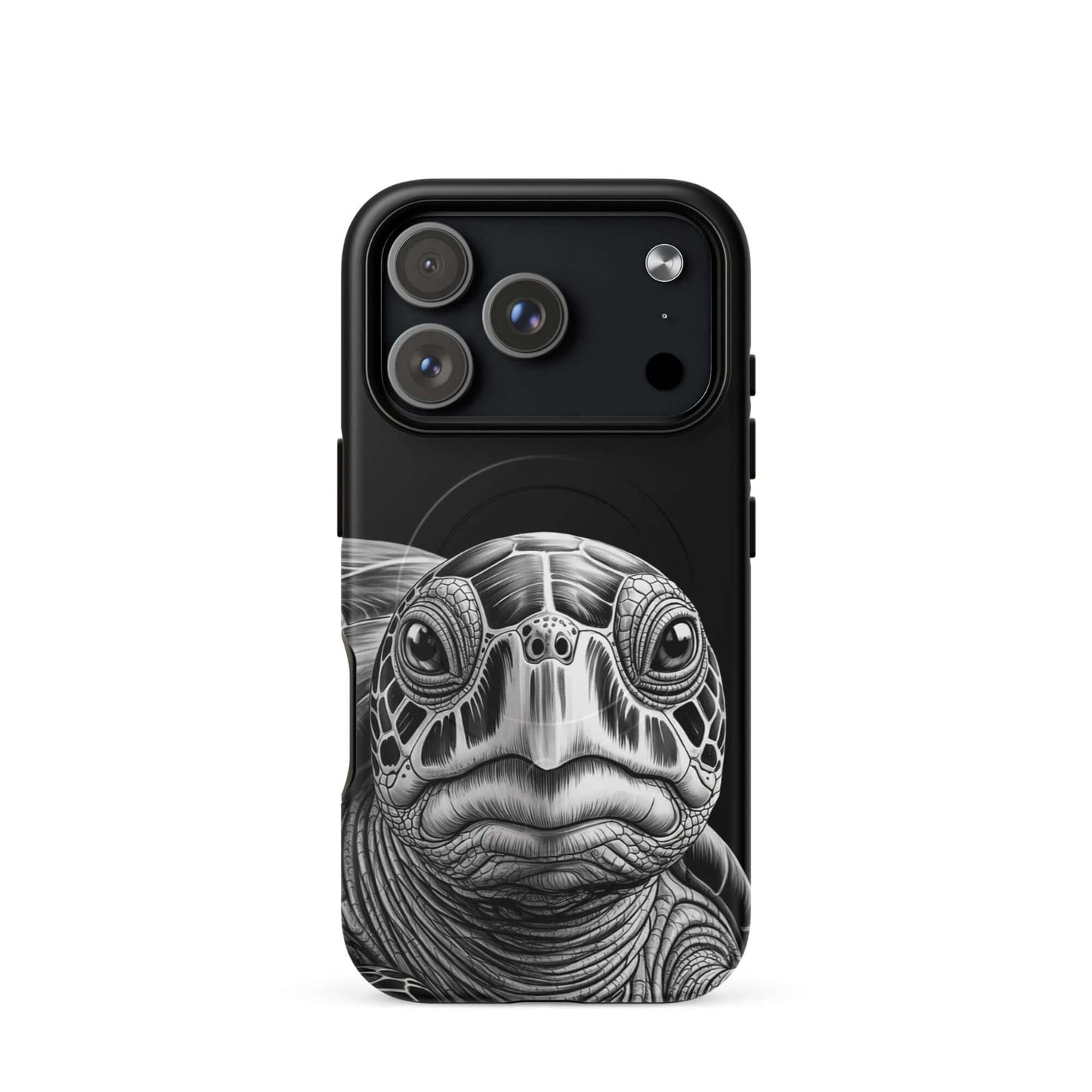 Magnetic Phone Case with ancient sea turtle art for iPhone, featuring a detailed pencil sketch of a turtle on a durable black case.