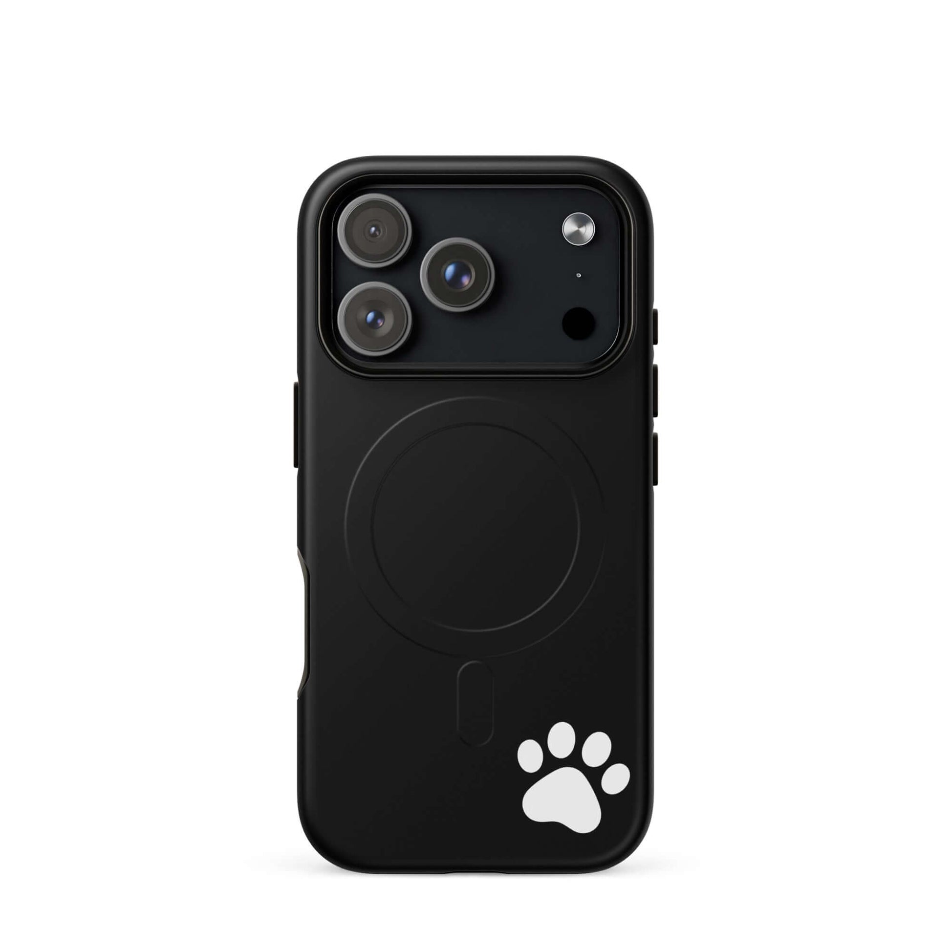 Magnetic Phone case for iPhone with white paw print design, black minimalist style, and sleek tough protection.