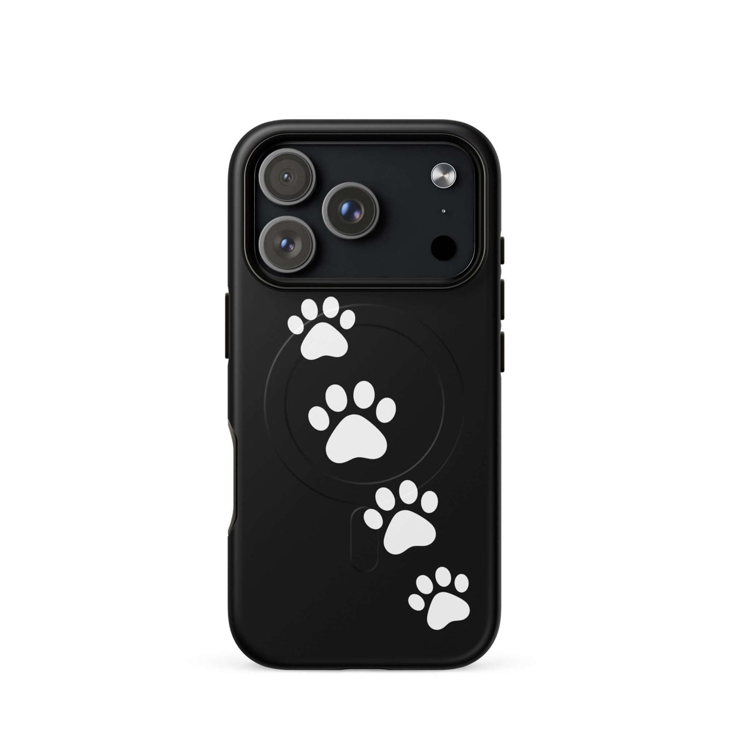Magnetic Phone Case for iPhone with white paw-print trail on black background, ideal for pet lovers.