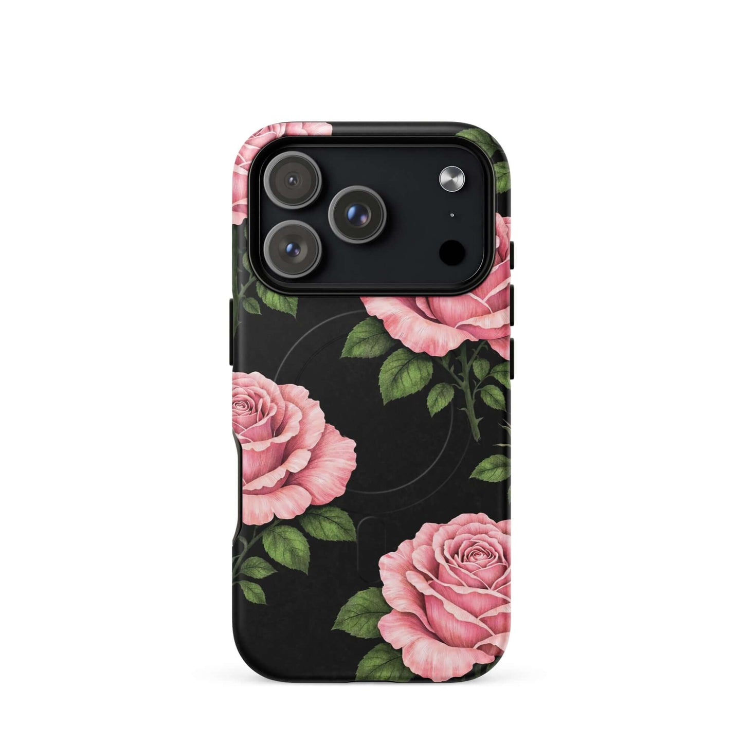 Magnetic Phone Case with pink rose garden design on a black background for iPhone.