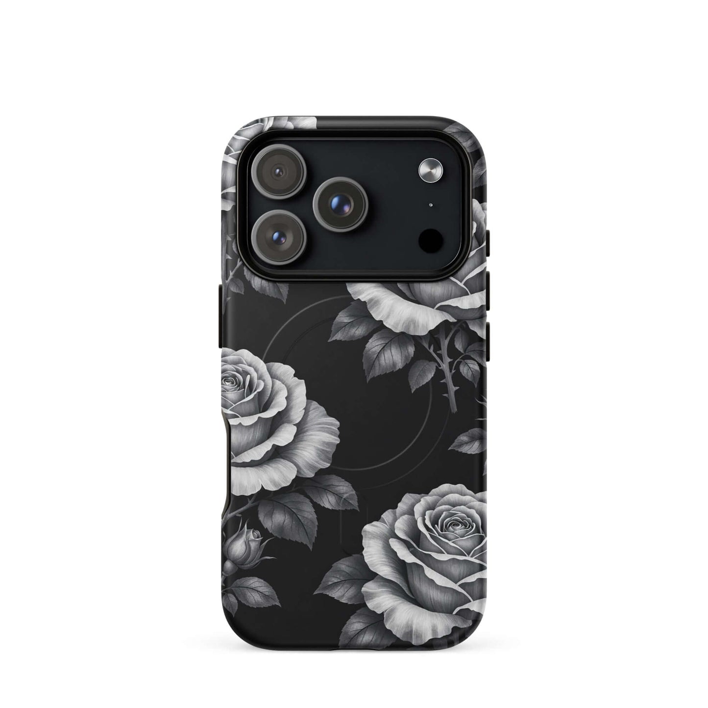 Magnetic Phone Case with pencil-stencil rose design on a black background for iPhone.