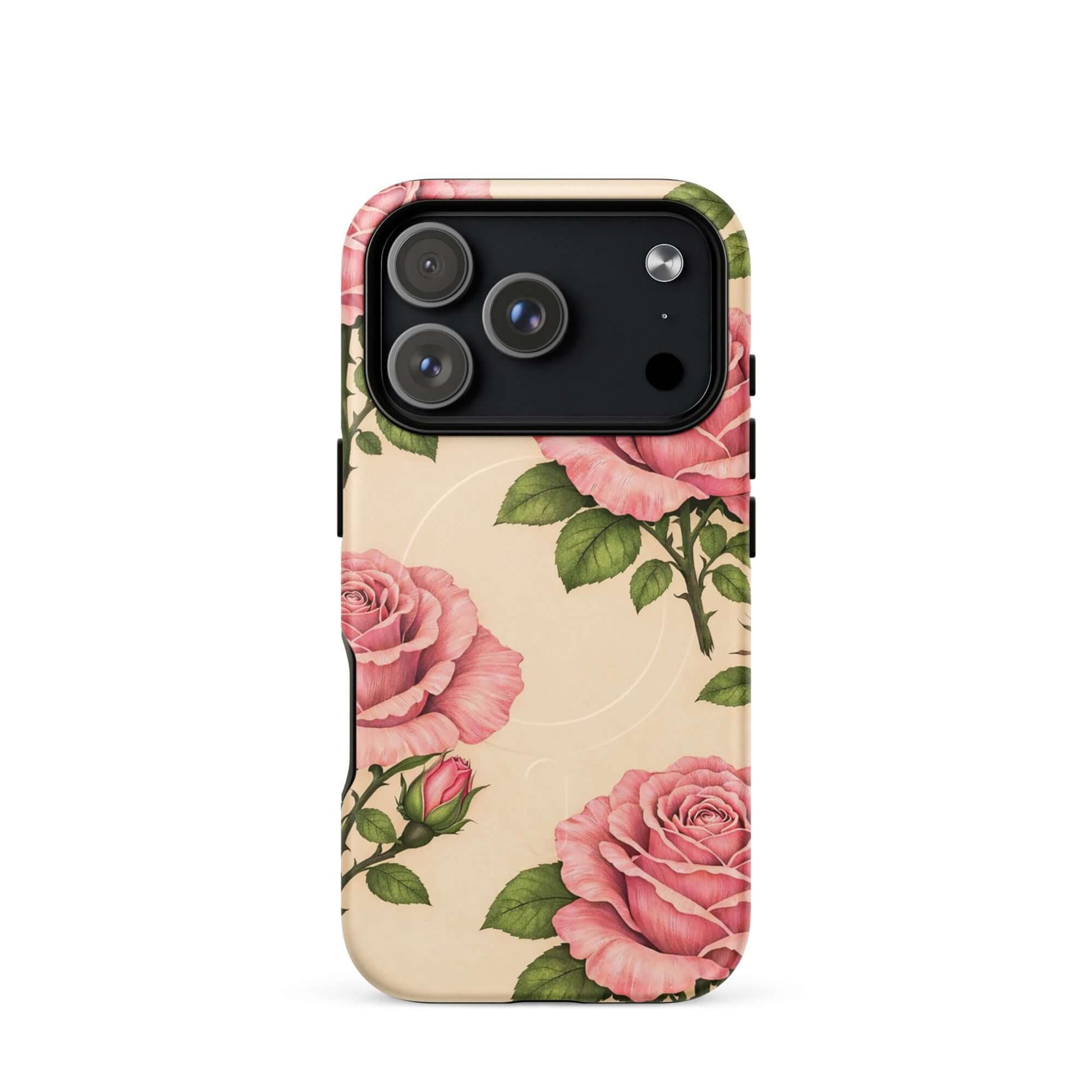 Magnetic Phone Case for iPhone with pink rose and cream floral design, combining elegance and everyday protection.