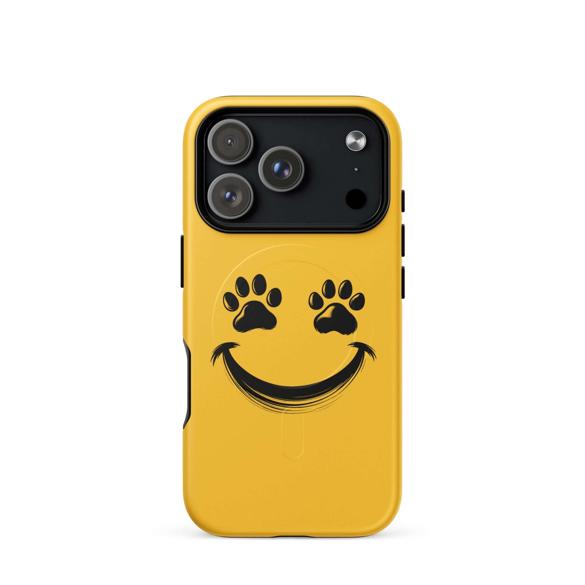 Magnetic Phone Case with smiley face and paw prints for iPhone, perfect for playful pet lovers