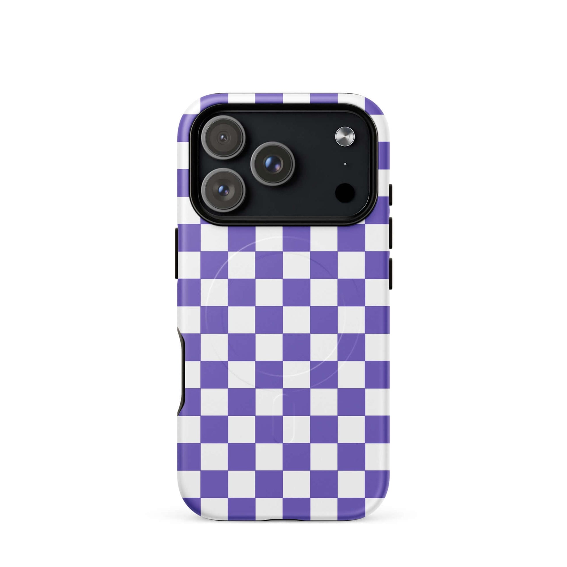 Magnetic Phone Case with purple and white checkered pattern for iPhone, adds playful style and protection.