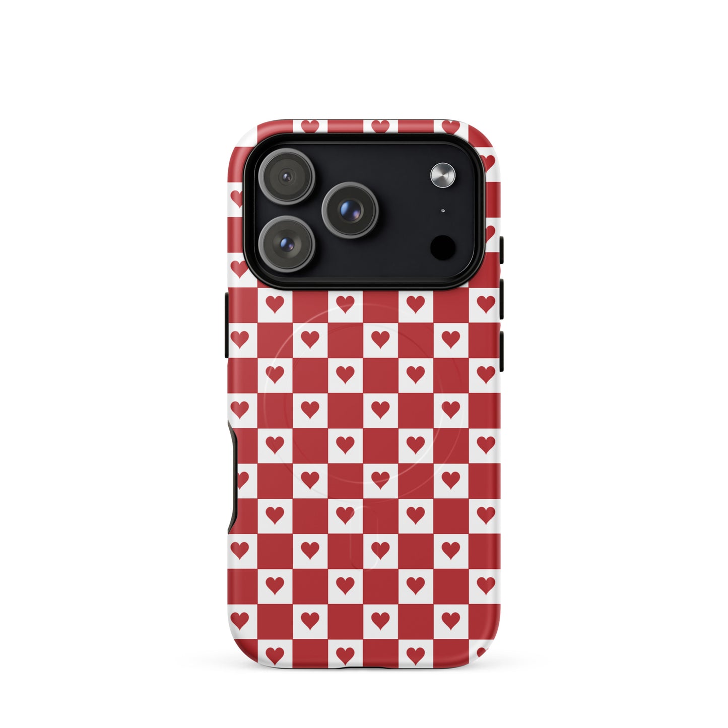 Magnetic Phone Case for iPhone with cute red heart checkered design, featuring crimson hearts in a white and red pattern.