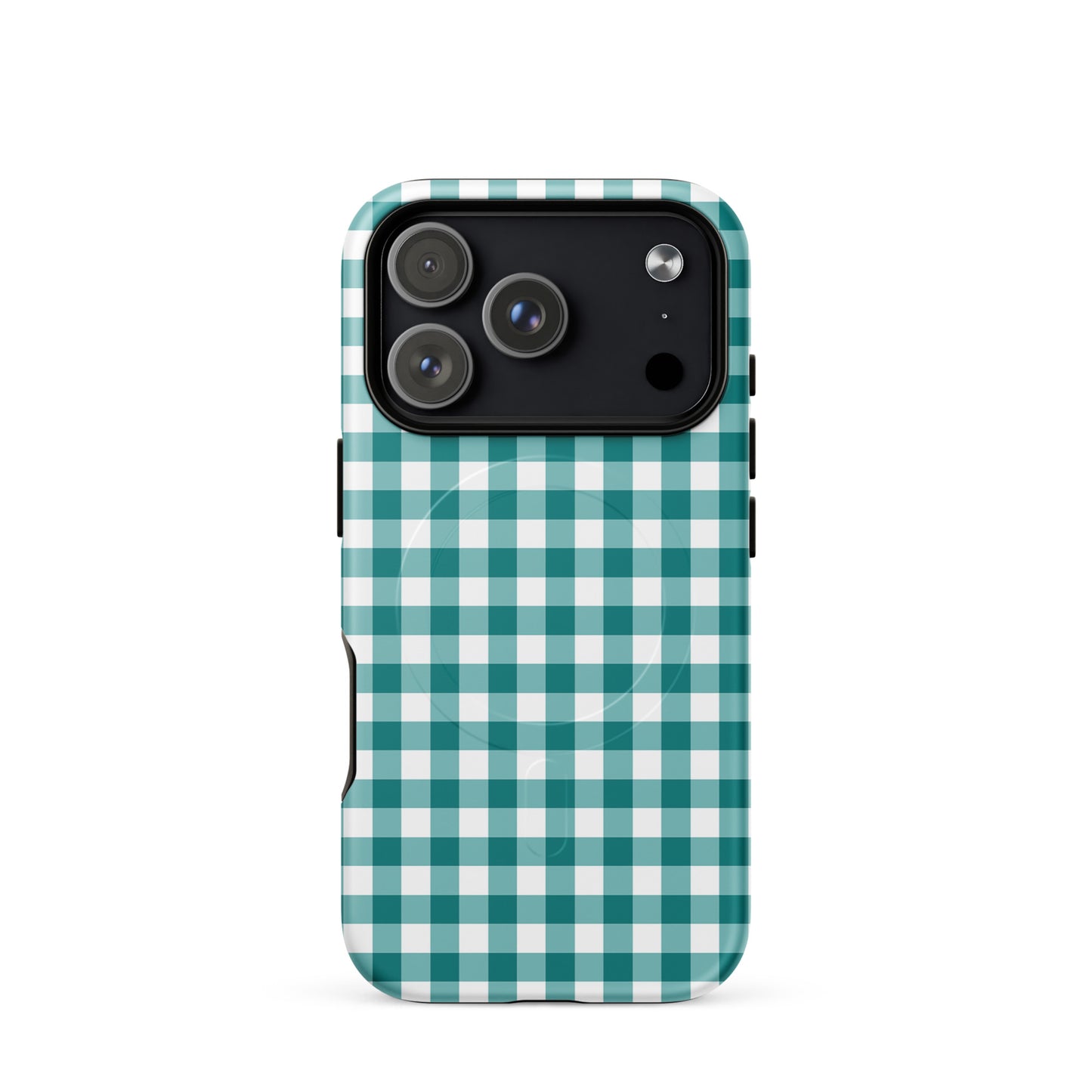 Magnetic Phone Case with teal gingham pattern for iPhone, combines style with protection and luxury.