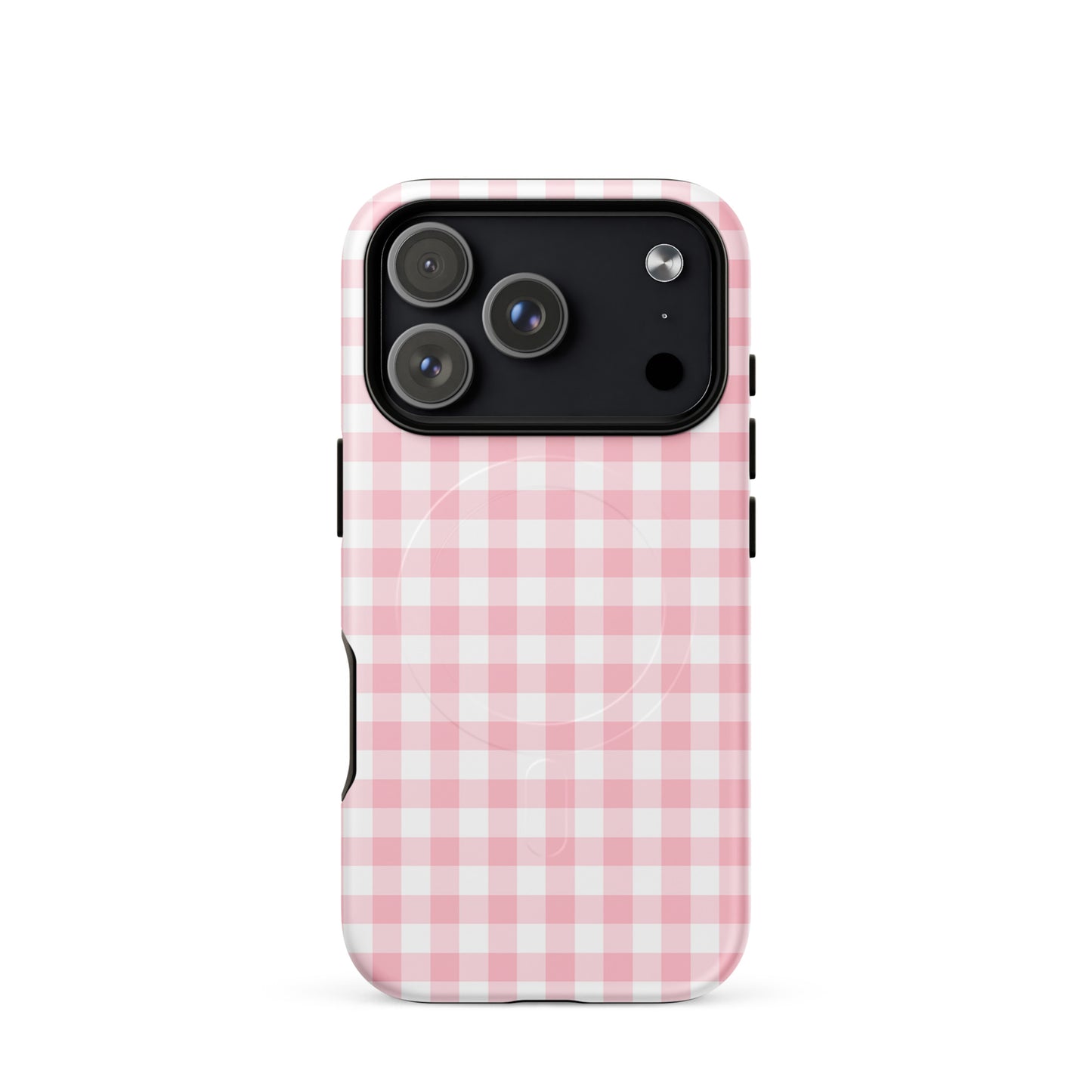 Magnetic Phone Case with pink and white gingham pattern for iPhone. Stylish, durable design combining charm and luxury.