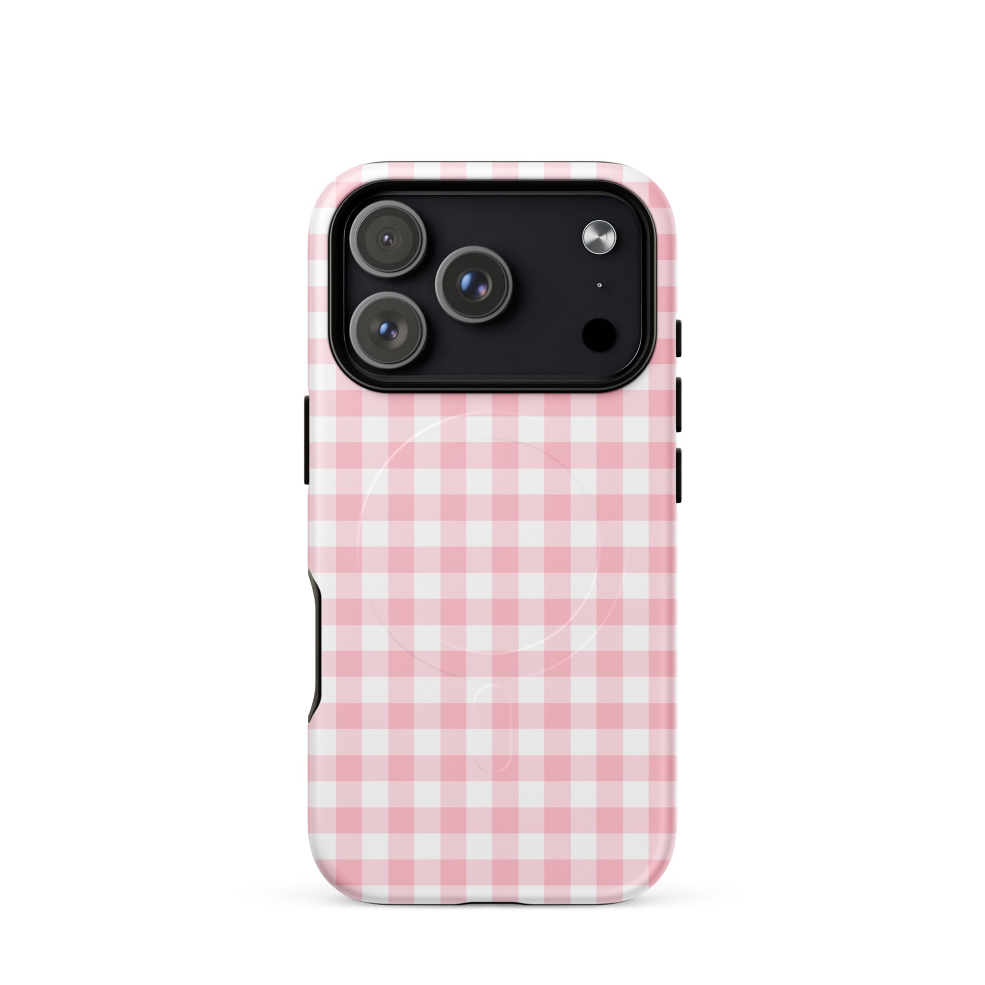 Magnetic Phone Case with pink and white gingham pattern for iPhone. Stylish, durable design combining charm and luxury.