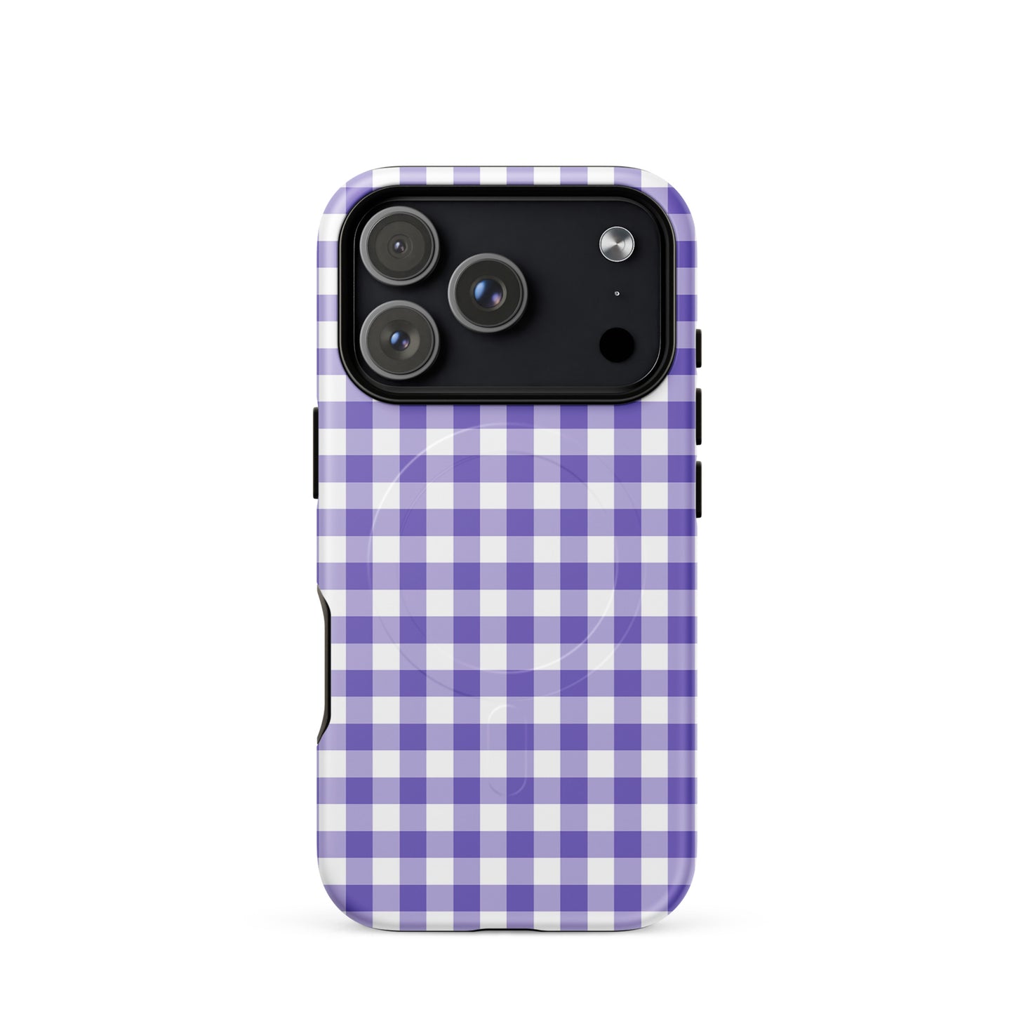 Magnetic Phone Case with purple and white gingham pattern for iPhone, offering style and durable protection.