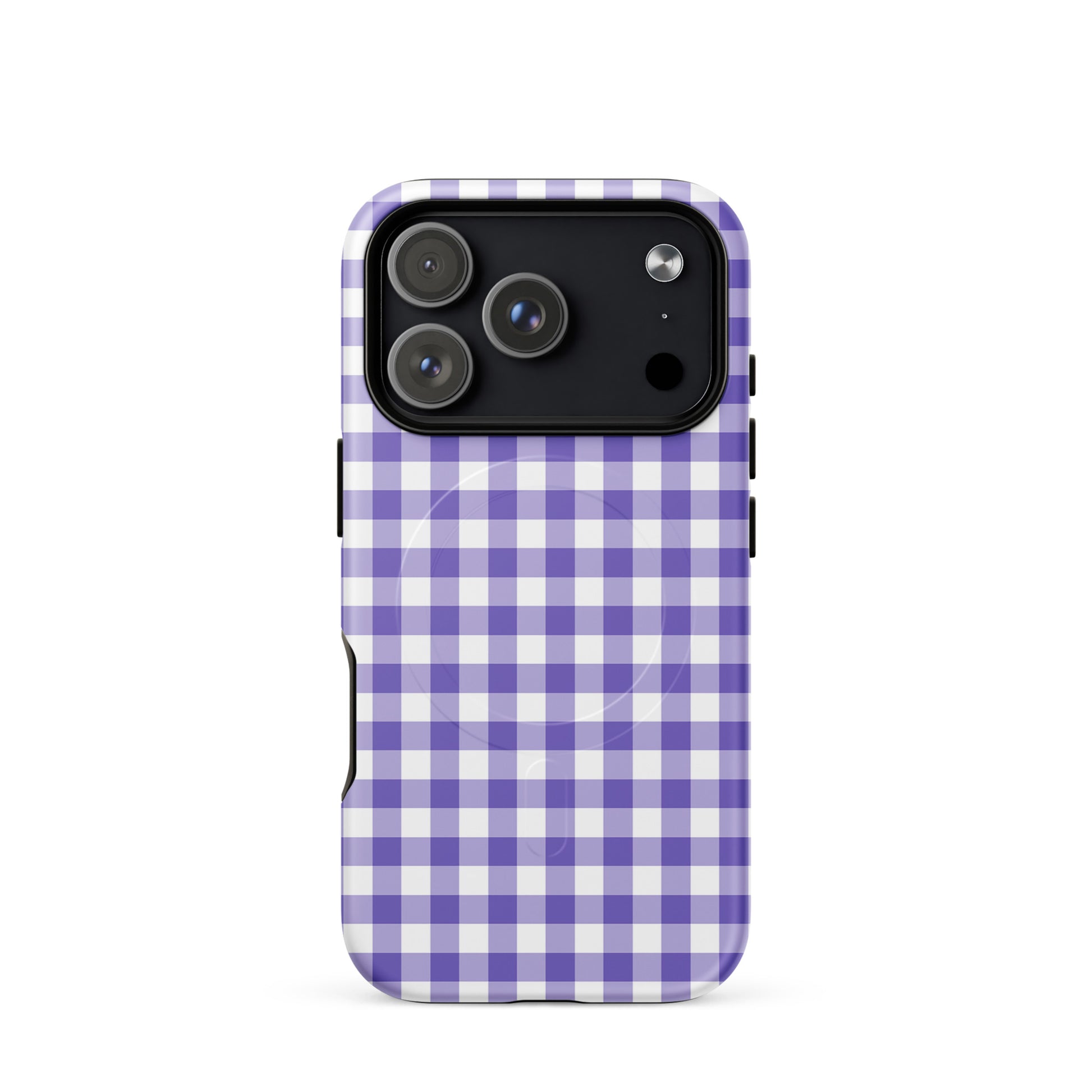 Magnetic Phone Case with purple and white gingham pattern for iPhone, offering style and durable protection.