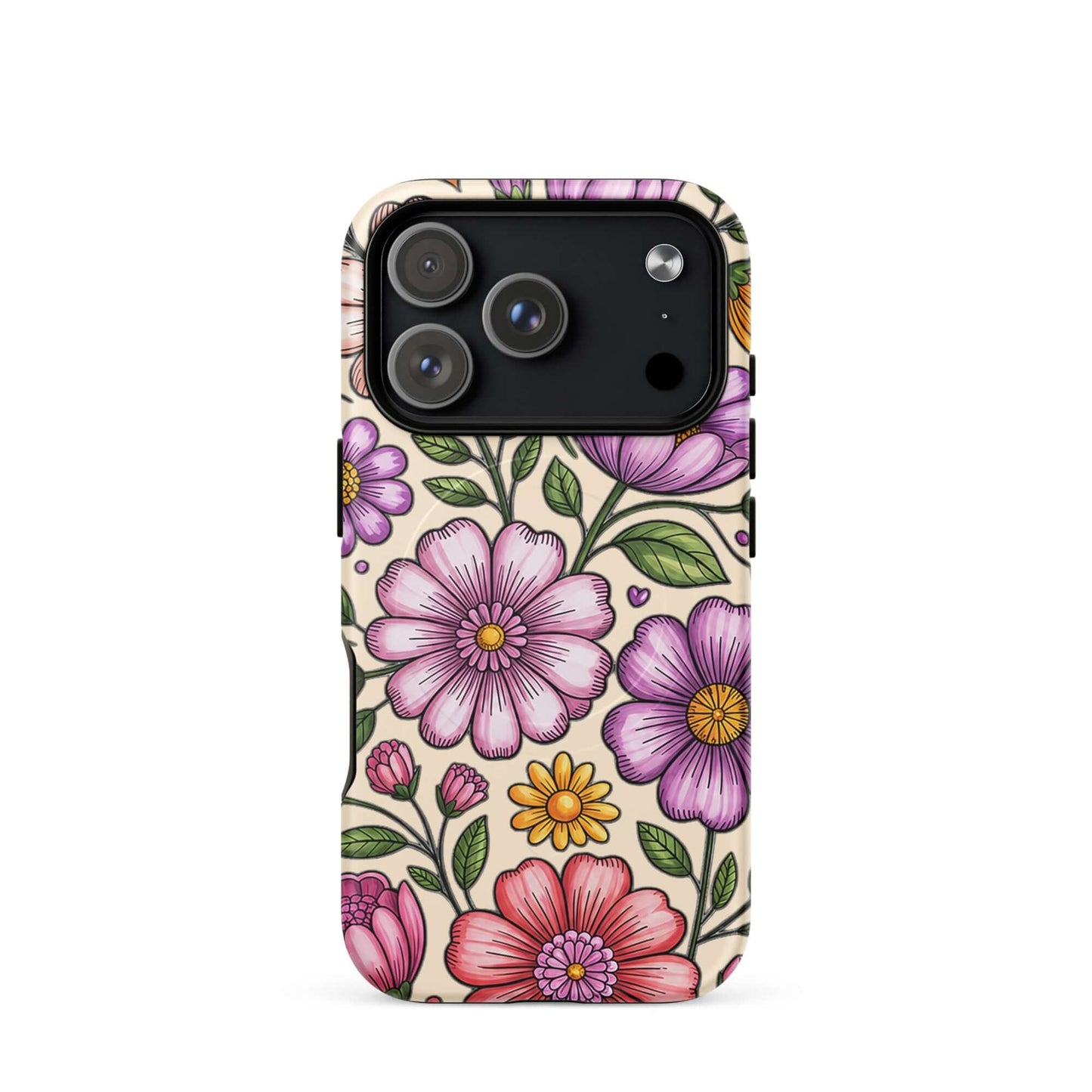 Magnetic Phone Case with pastel floral design featuring pink, peach, lavender, and yellow flowers on a durable shell.