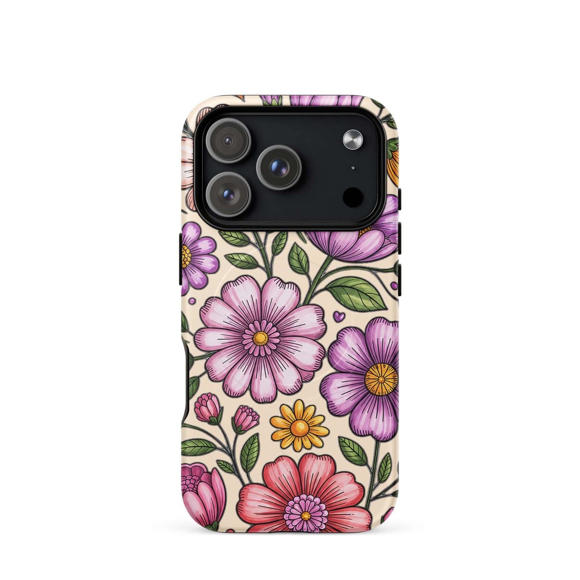 Magnetic Phone Case with pastel floral design featuring pink, peach, lavender, and yellow flowers on a durable shell.