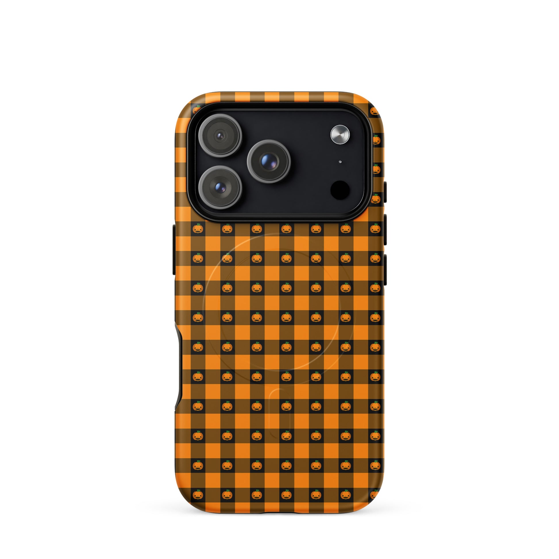 Magnetic Phone Case for iPhone with Halloween pumpkin gingham design, festive jack-o'-lantern pattern, orange and black checkered style.