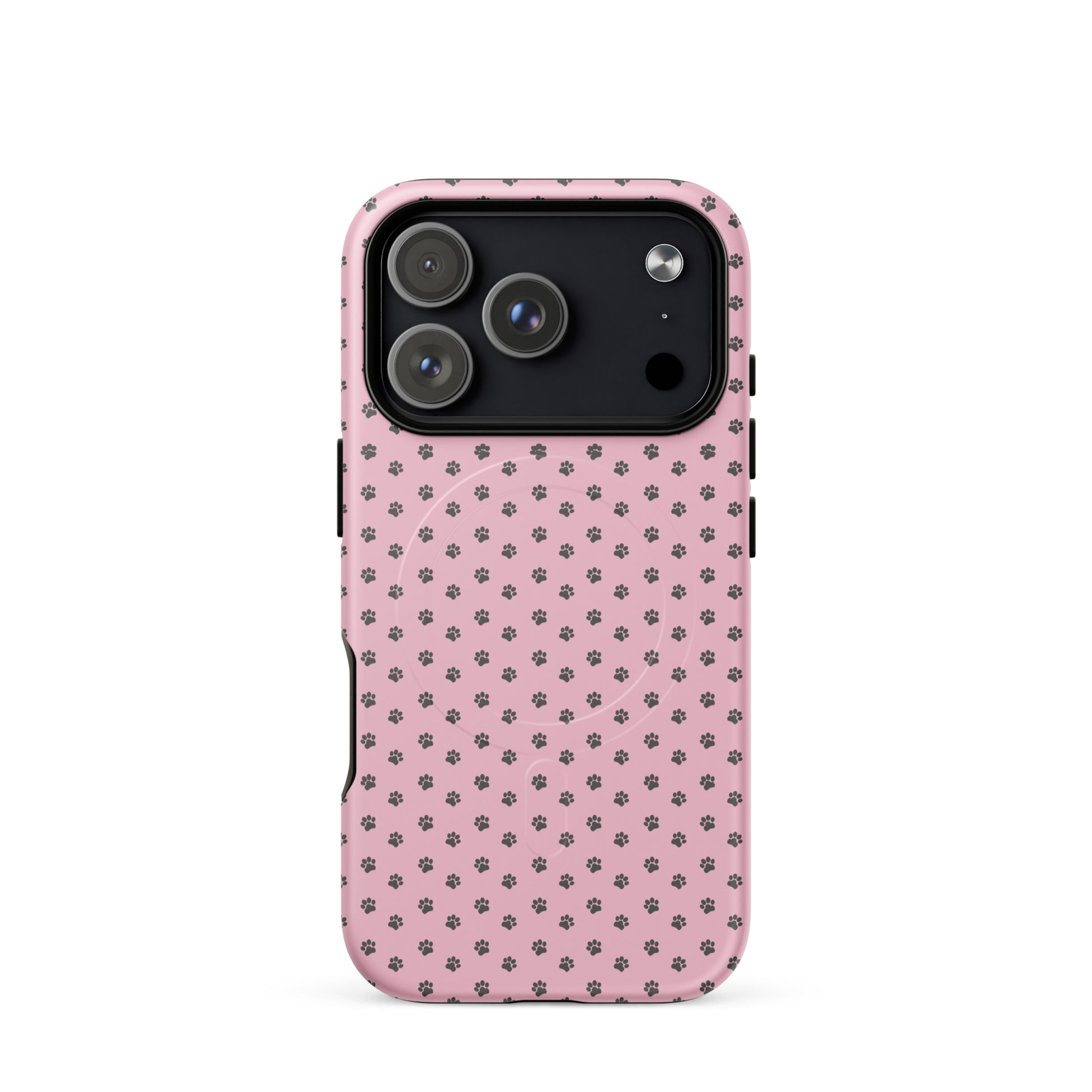 Magnetic Phone Case with paw-print design for iPhone, featuring dark gray paw prints on pink background. Playful and durable protection.