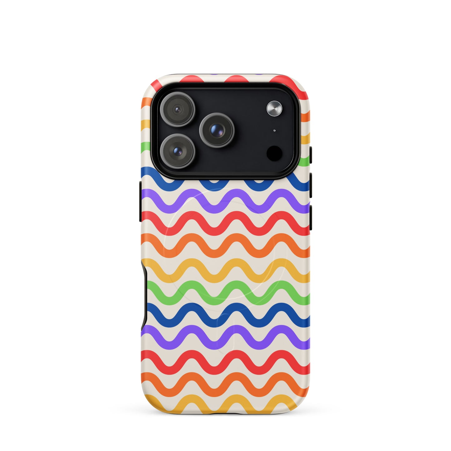 Magnetic Phone Case with wavy rainbow design for iPhone, featuring vibrant colors on a white backdrop.
