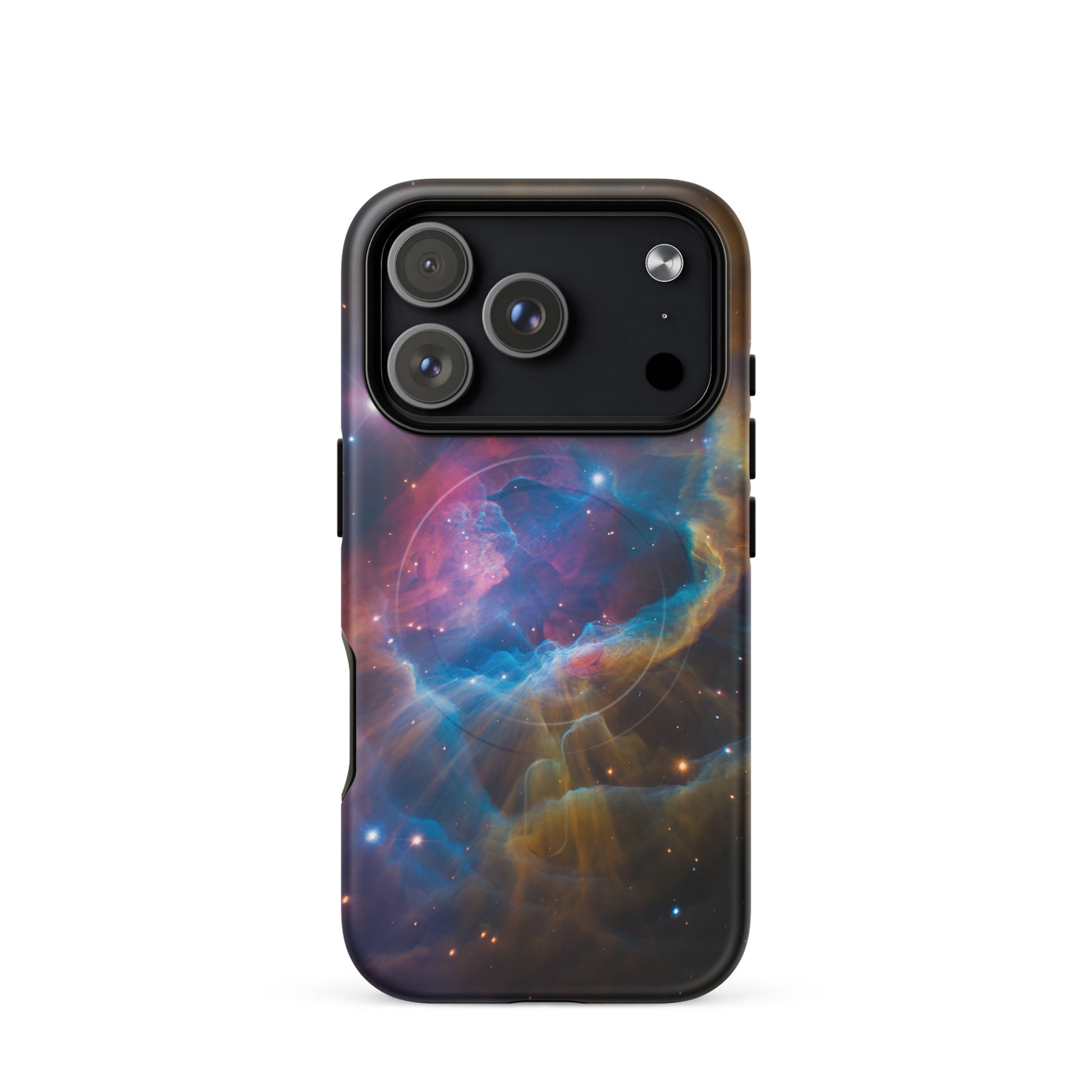 Magnetic Phone Case with cosmic nebula design in vibrant blues, oranges, and pinks for iPhone.