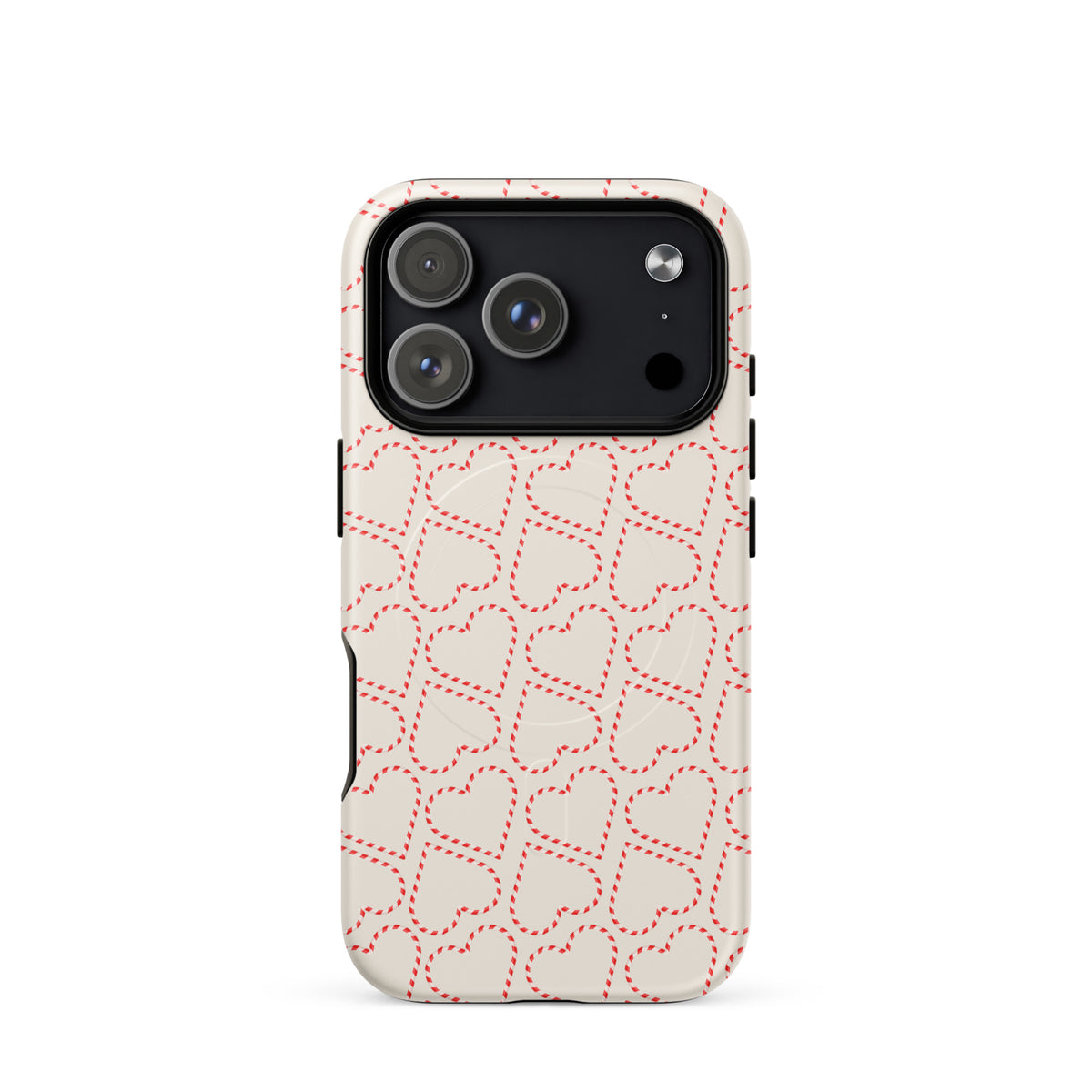Magnetic Phone Case with candy cane heart pattern for iPhone - festive red and white holiday design