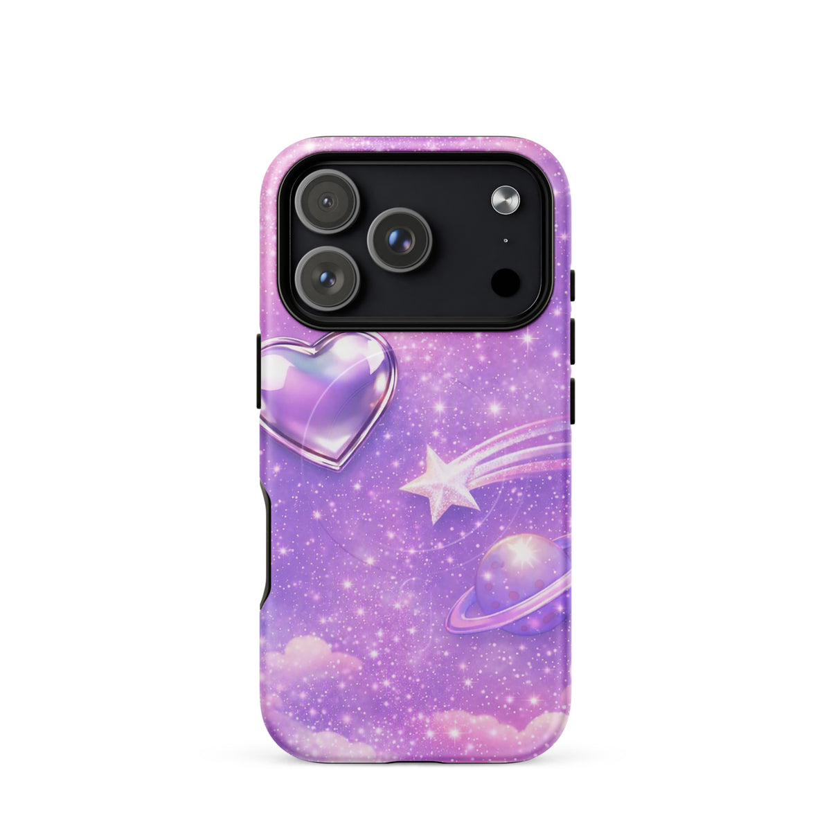 Magnetic Phone Case for iPhone with cosmic heart, shooting star, and pastel clouds design.
