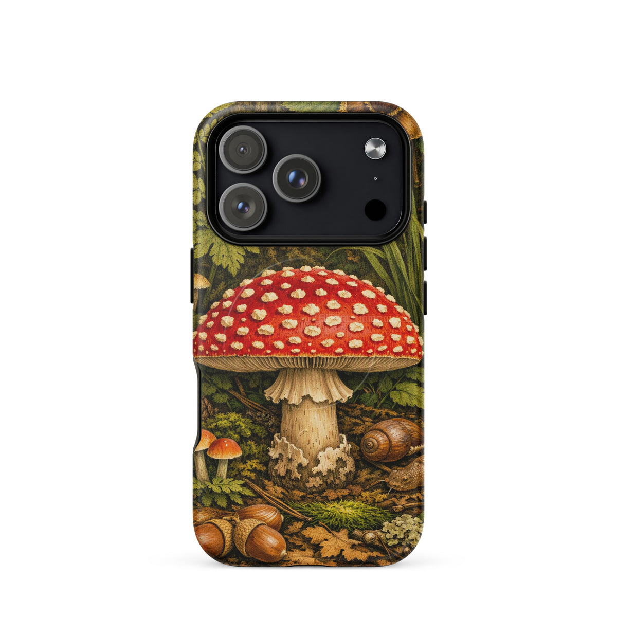 Magnetic Phone Case featuring Amanita muscaria mushroom design for iPhone, showcasing vibrant forest-themed imagery.