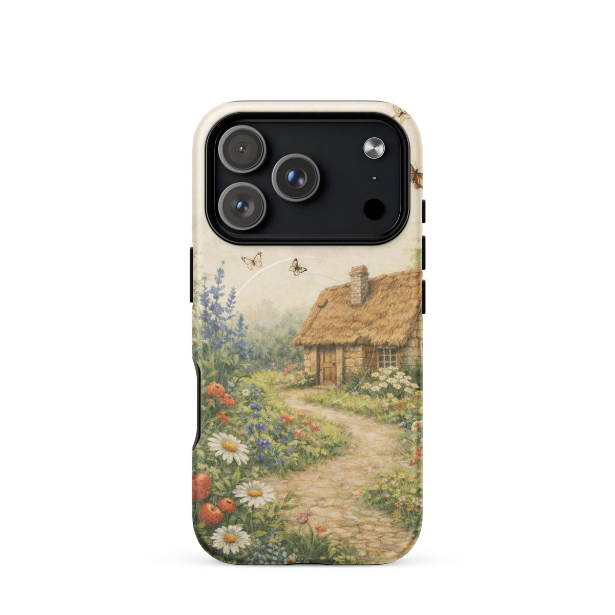 Magnetic Phone Case for iPhone with cottage garden art design, featuring a cozy thatched cottage and vibrant flowers.