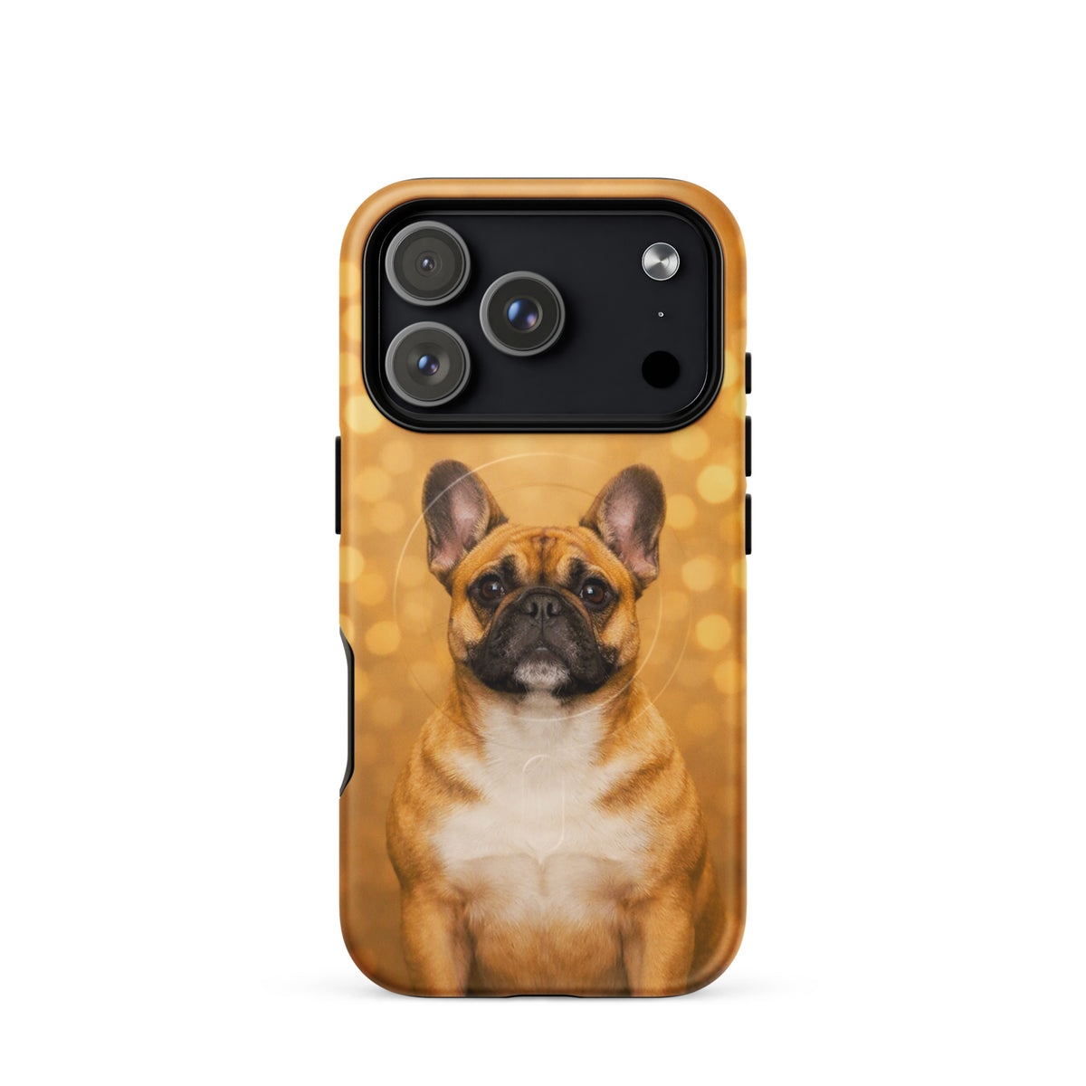 Magnetic Phone Case for iPhone with French Bulldog portrait and golden bokeh background design
