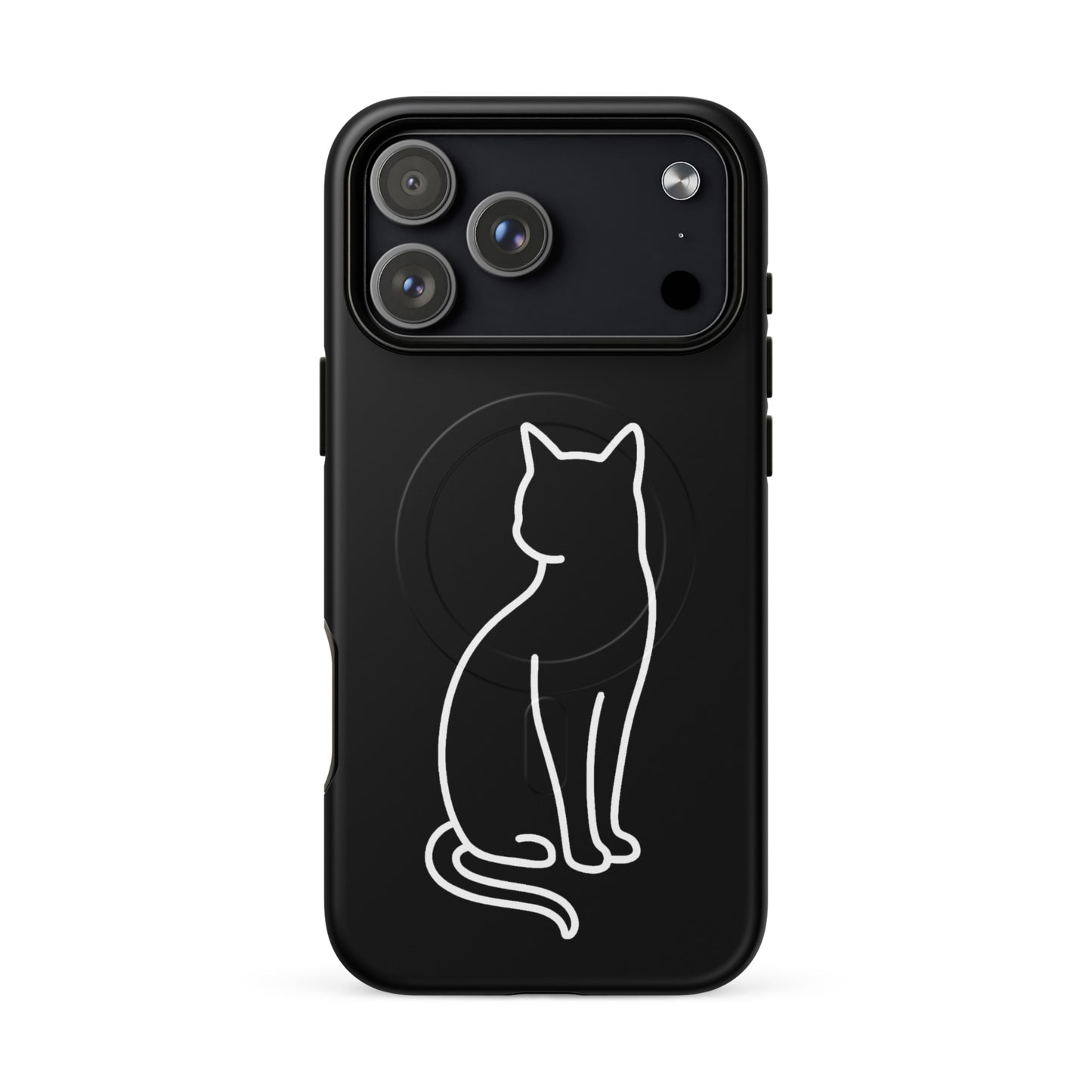 Magnetic Phone Case with stylish cat design for iPhone, featuring minimalist cat outline on a black background.