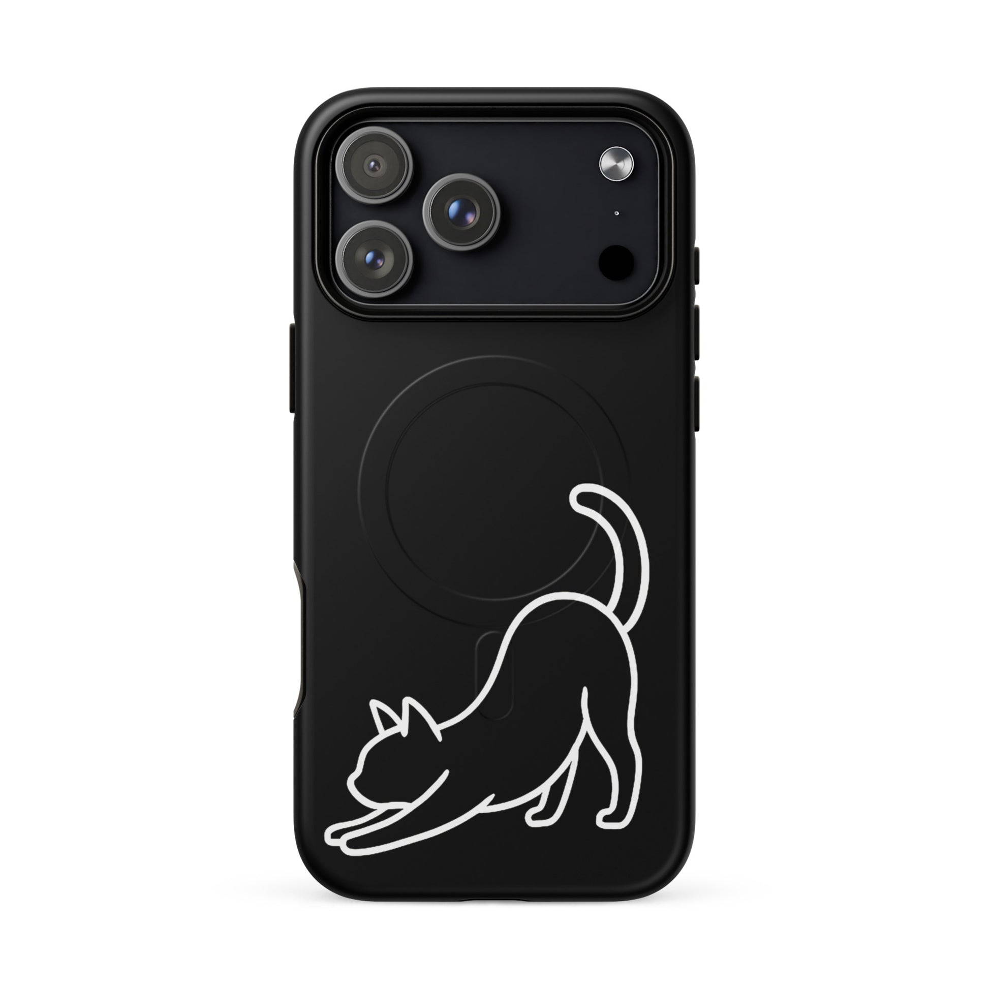 Magnetic Phone Case featuring a minimalist stretching cat design on a sleek black background.
