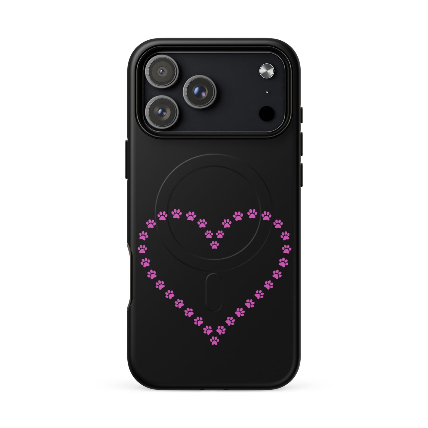 Magnetic Phone Case for iPhone featuring pink paw print heart design, perfect for pet lovers and minimalistic style.