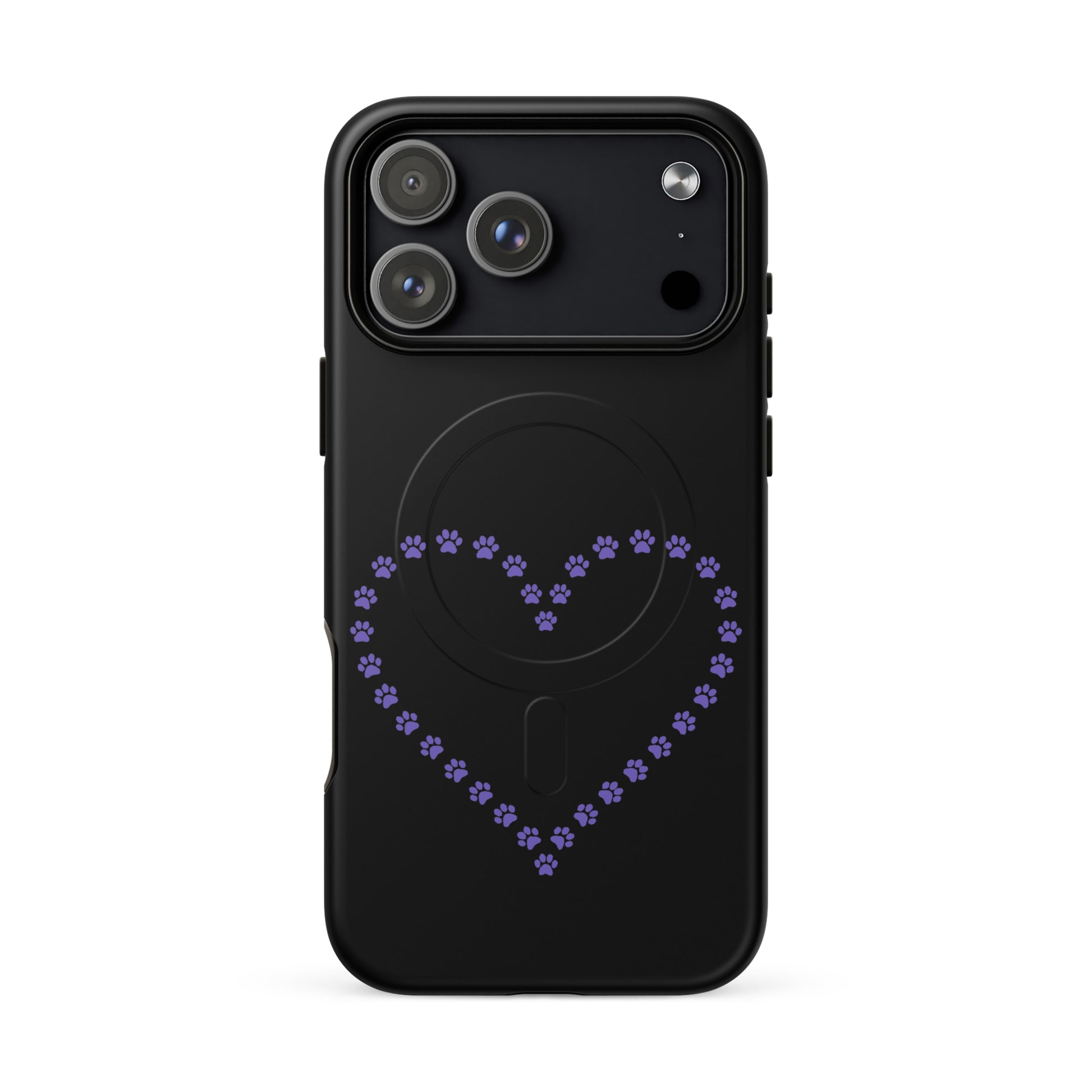 Magnetic Phone Case with purple paw print heart design for pet lovers, perfect for iPhone protection.