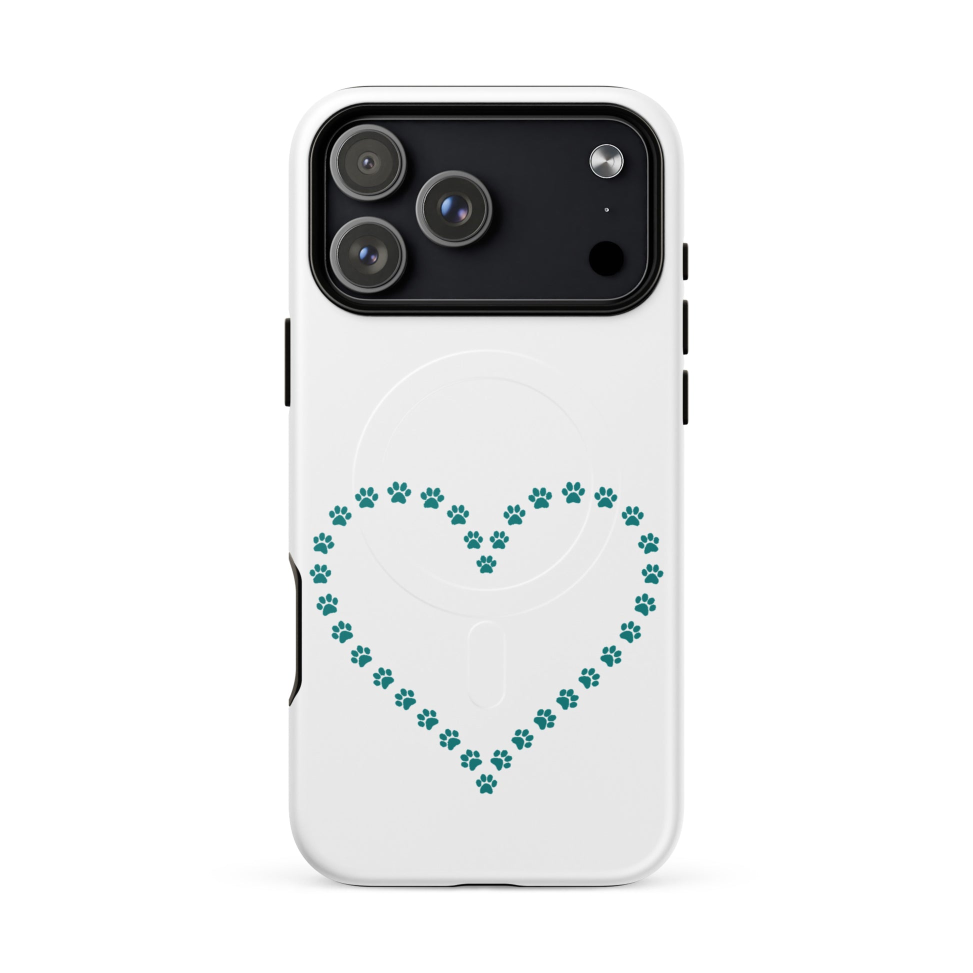 Magnetic Phone Case featuring a heart design made of teal paw prints, perfect for pet lovers.