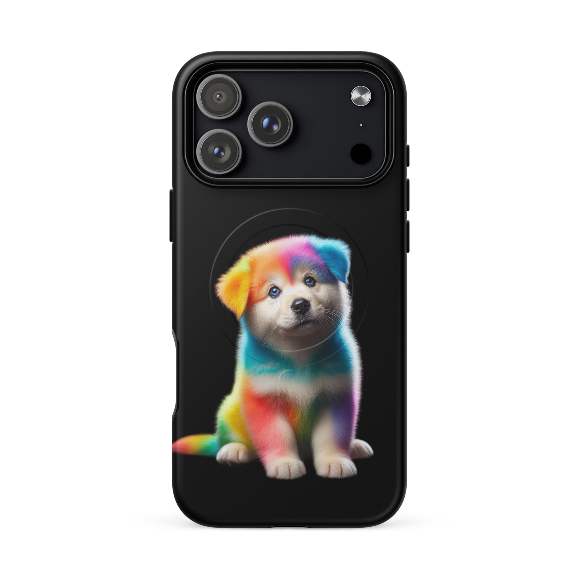 Magnetic Phone Case featuring a vibrant rainbow puppy design on a dark background, perfect for pet lovers.
