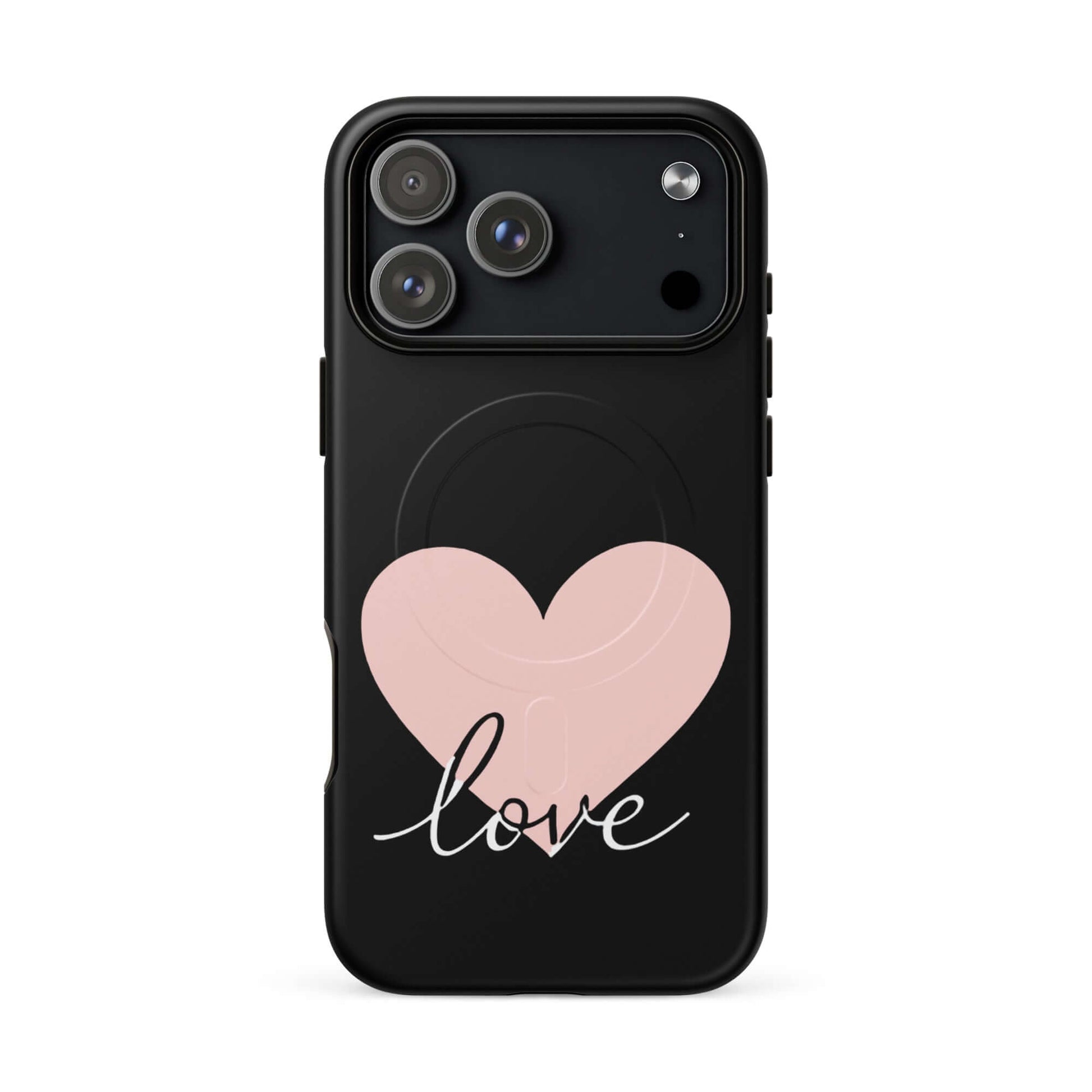 Magnetic Phone Case with pink heart and script love design for stylish iPhone protection.