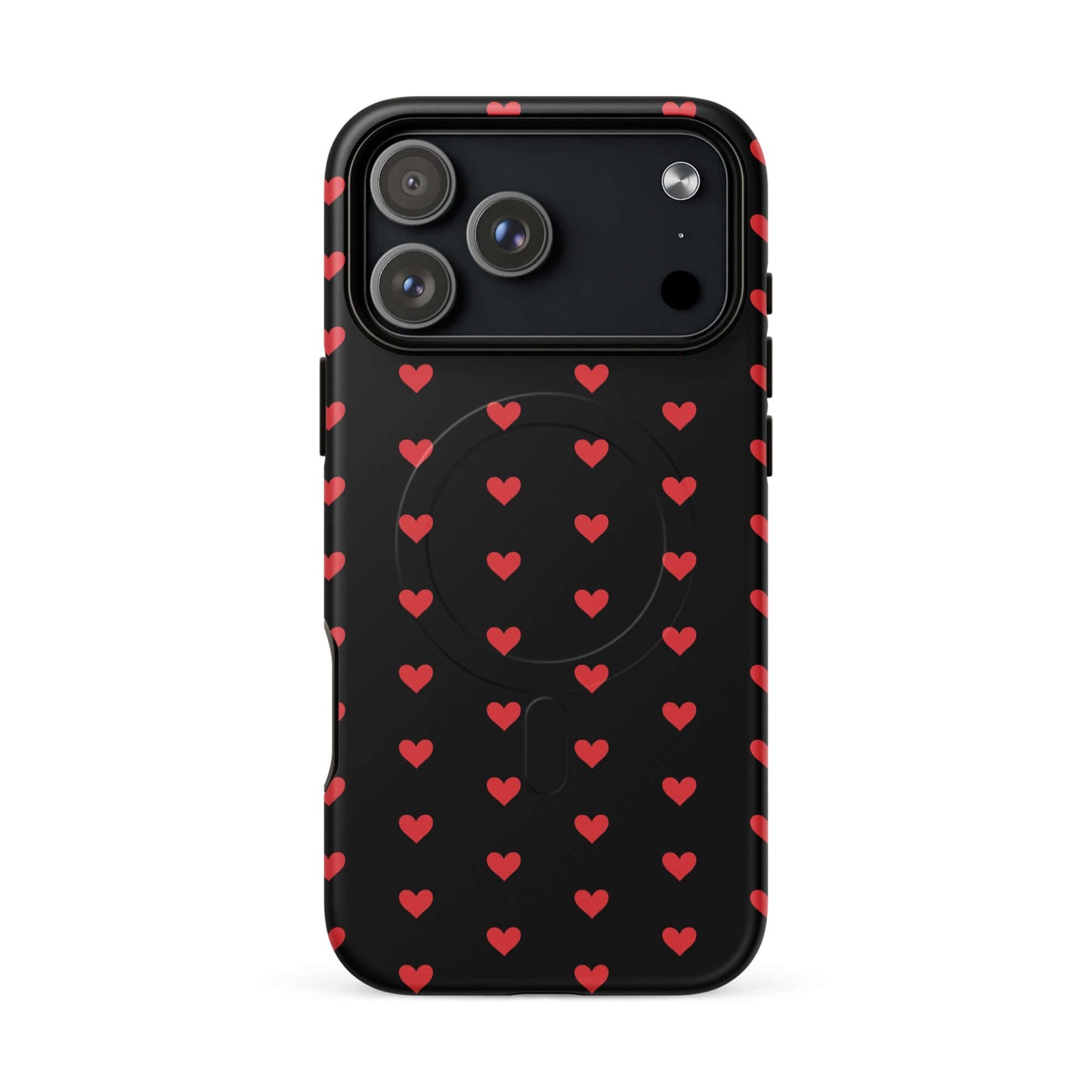 Magnetic Phone Case for iPhone featuring fiery red hearts on a black background, combining style and protection.