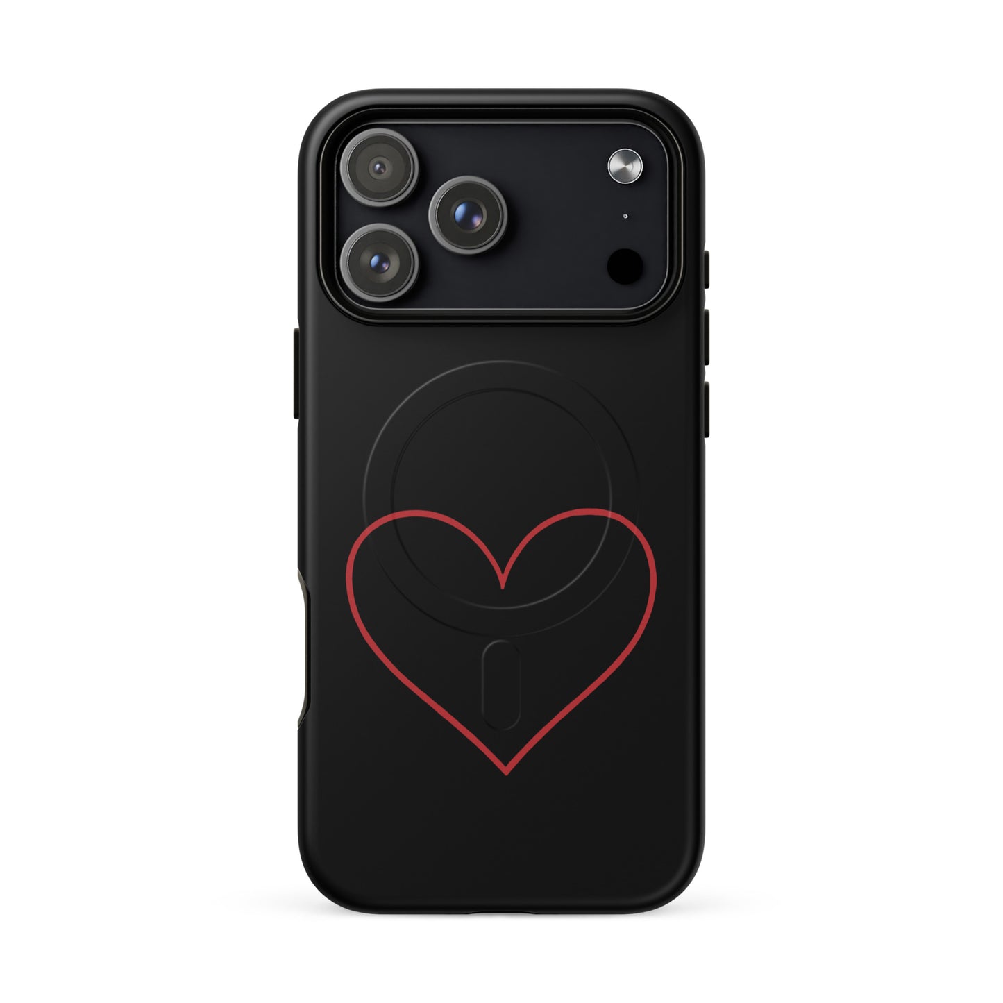 Magnetic Phone Case for iPhone showcasing a minimalist crimson heart design on a sleek black background.