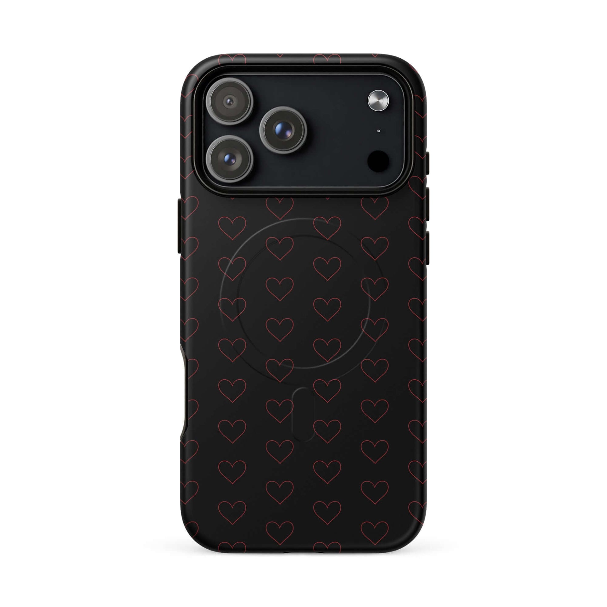 Magnetic Phone Case with a stylish crimson heart pattern on a sleek black background.